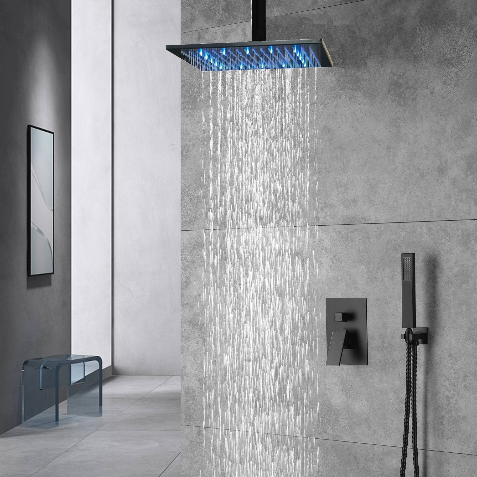 Matte Black Ceiling Mounted Rainfall Shower Faucet: 12'' or 16'' with LED Option - Image 3