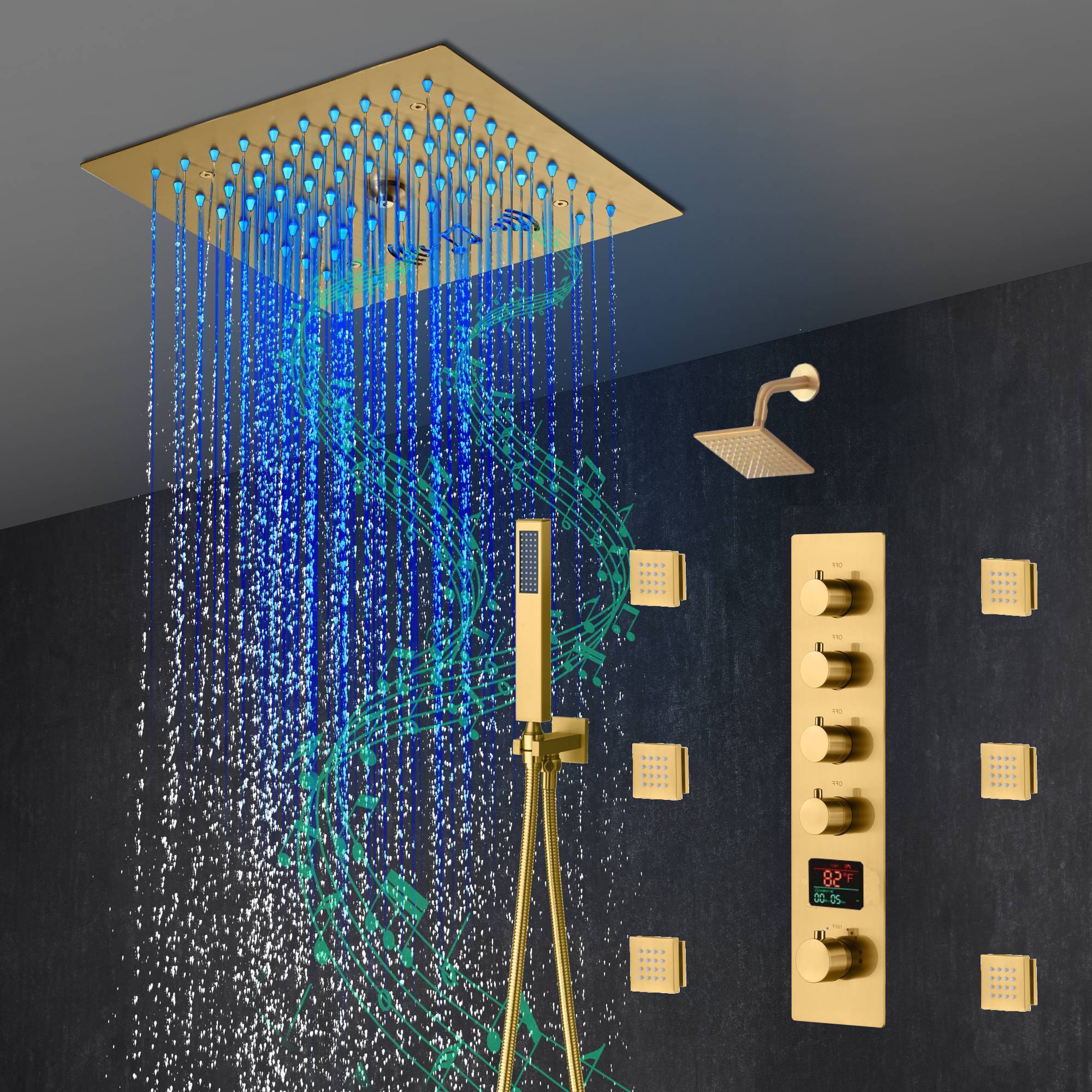 12-Inch Brushed Gold Flush Mount Shower Faucet Set: 4-Way Thermostatic Control, 64-Color LED Lights, Bluetooth Music, and Regular Head and body jets - Image 2