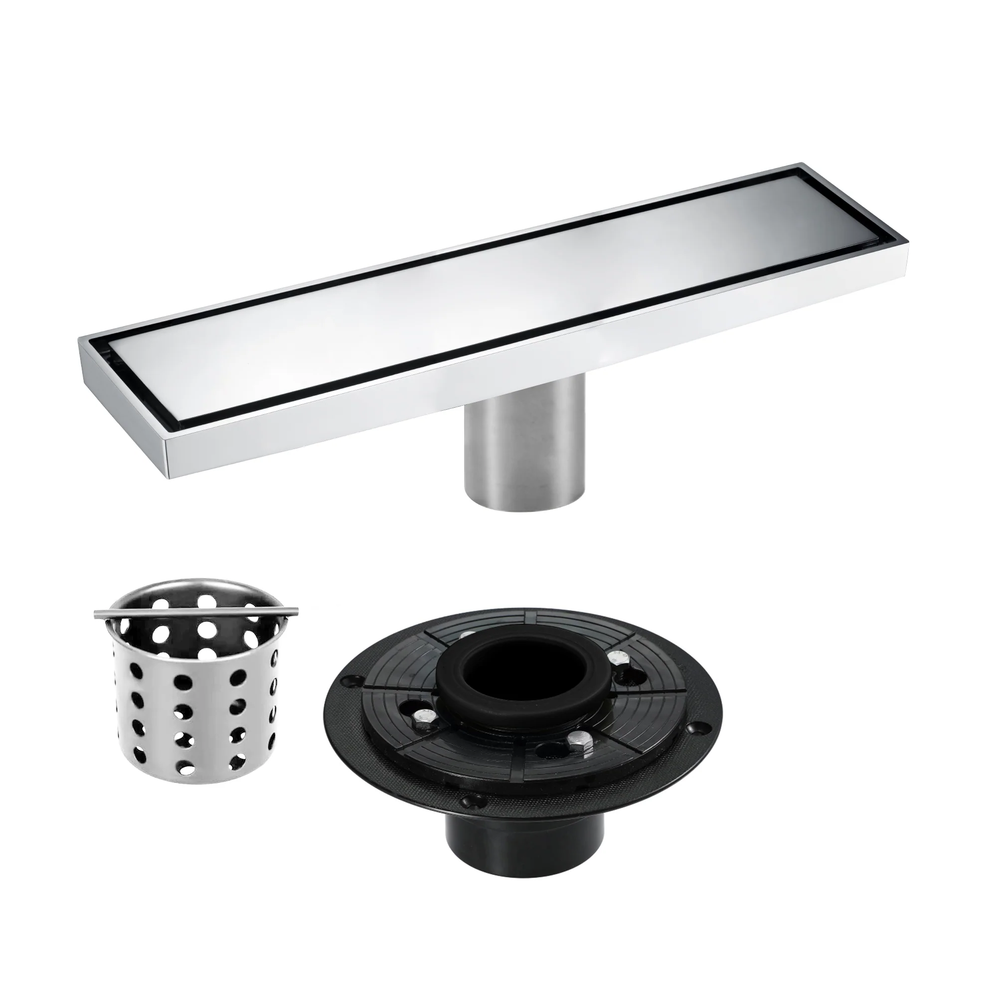 12-Inch Brushed Nickel or Brushed Gold or Matte Black Rectangular Floor Drain - Solid Pattern Cover Grate - Removable - Includes Accessories - Image 2