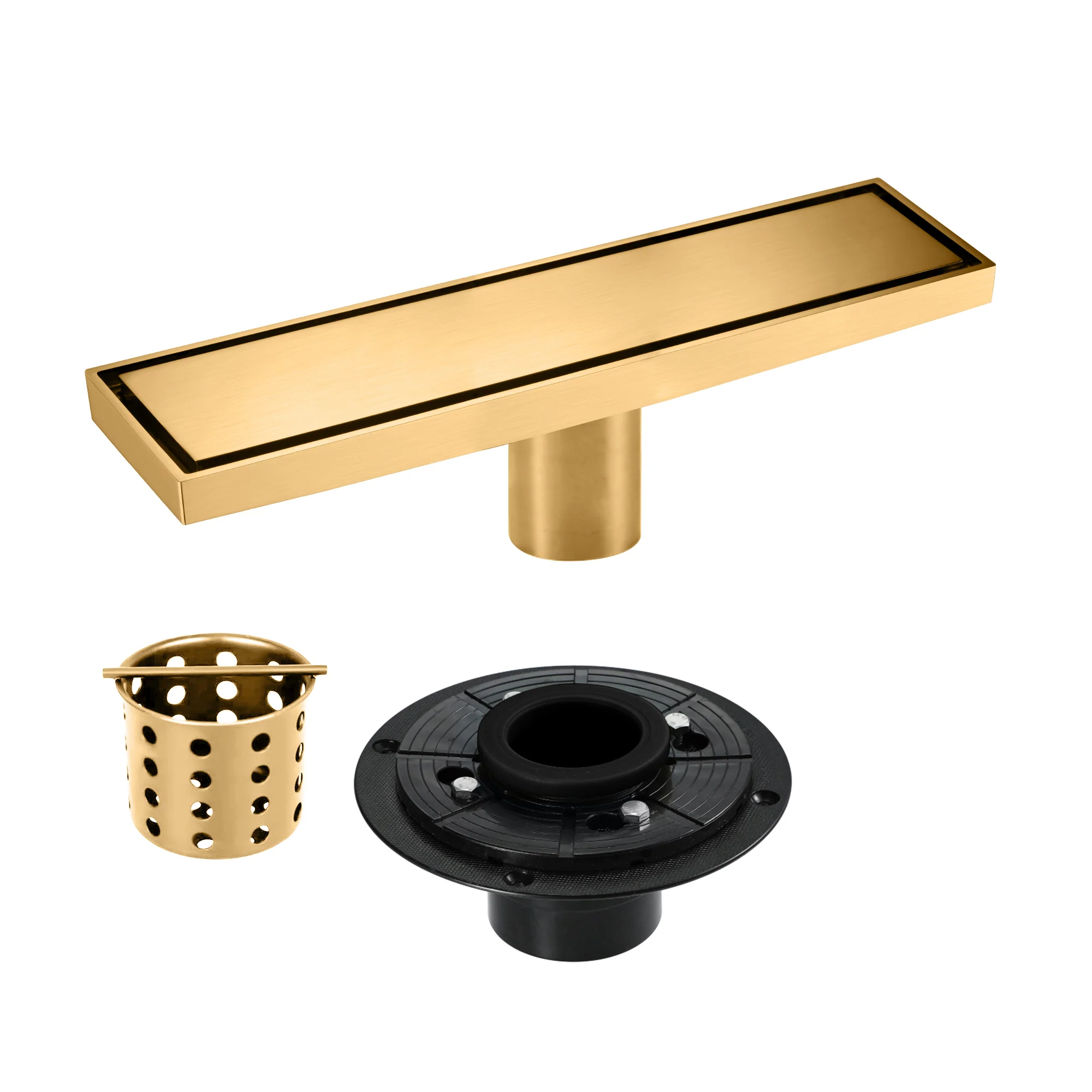 12-Inch Brushed Nickel or Brushed Gold or Matte Black Rectangular Floor Drain - Solid Pattern Cover Grate - Removable - Includes Accessories - Image 4