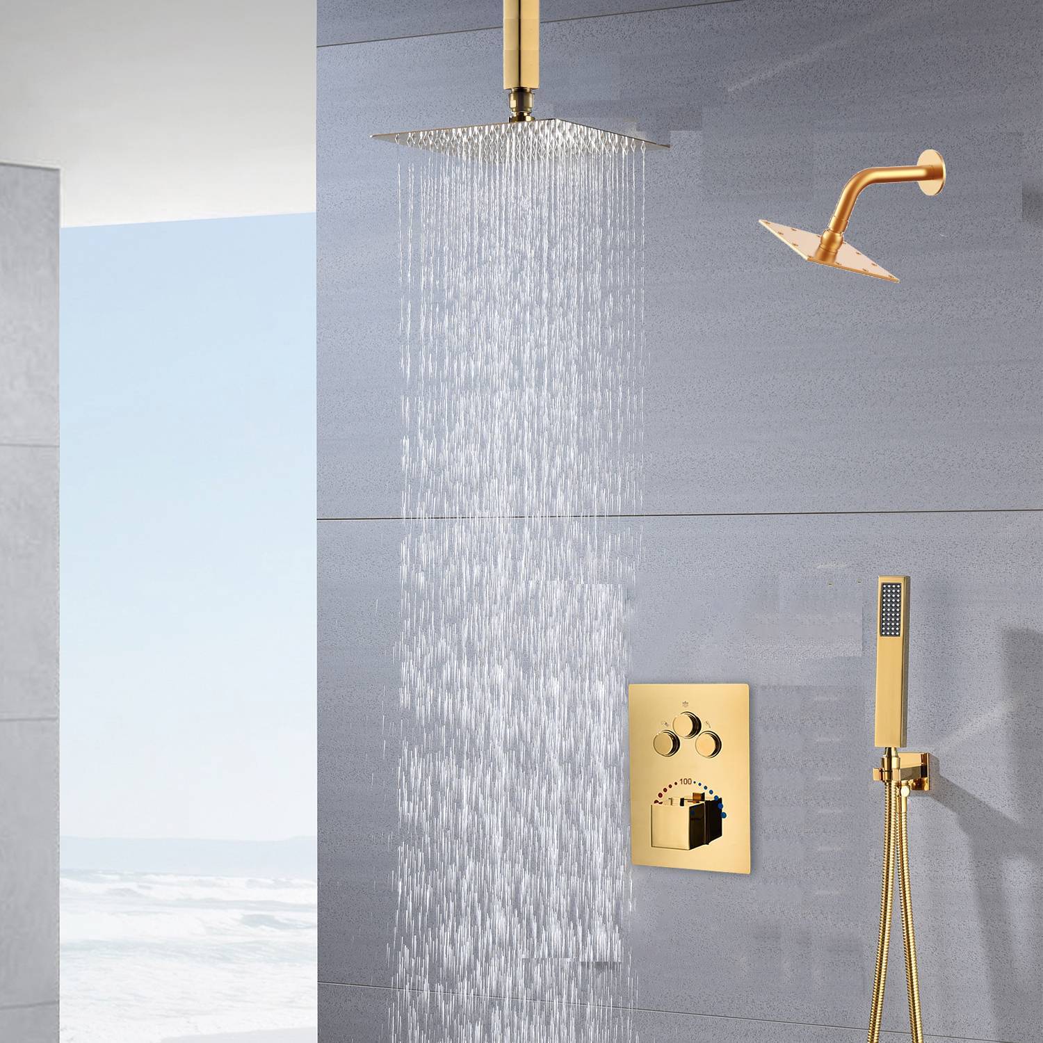 12-Inch or 16-Inch Ceiling-Mounted Polished Gold 3-Way Thermostatic Shower System with regular head