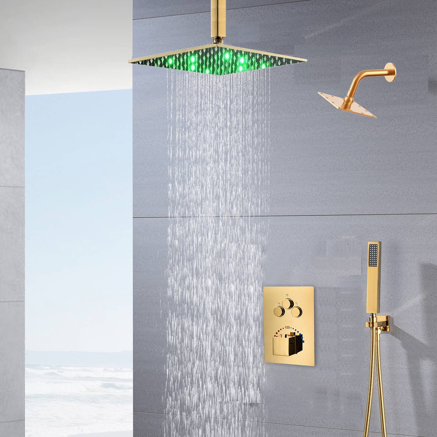 12-Inch or 16-Inch Ceiling-Mounted Polished Gold 3-Way Thermostatic Shower System with regular head - Image 2