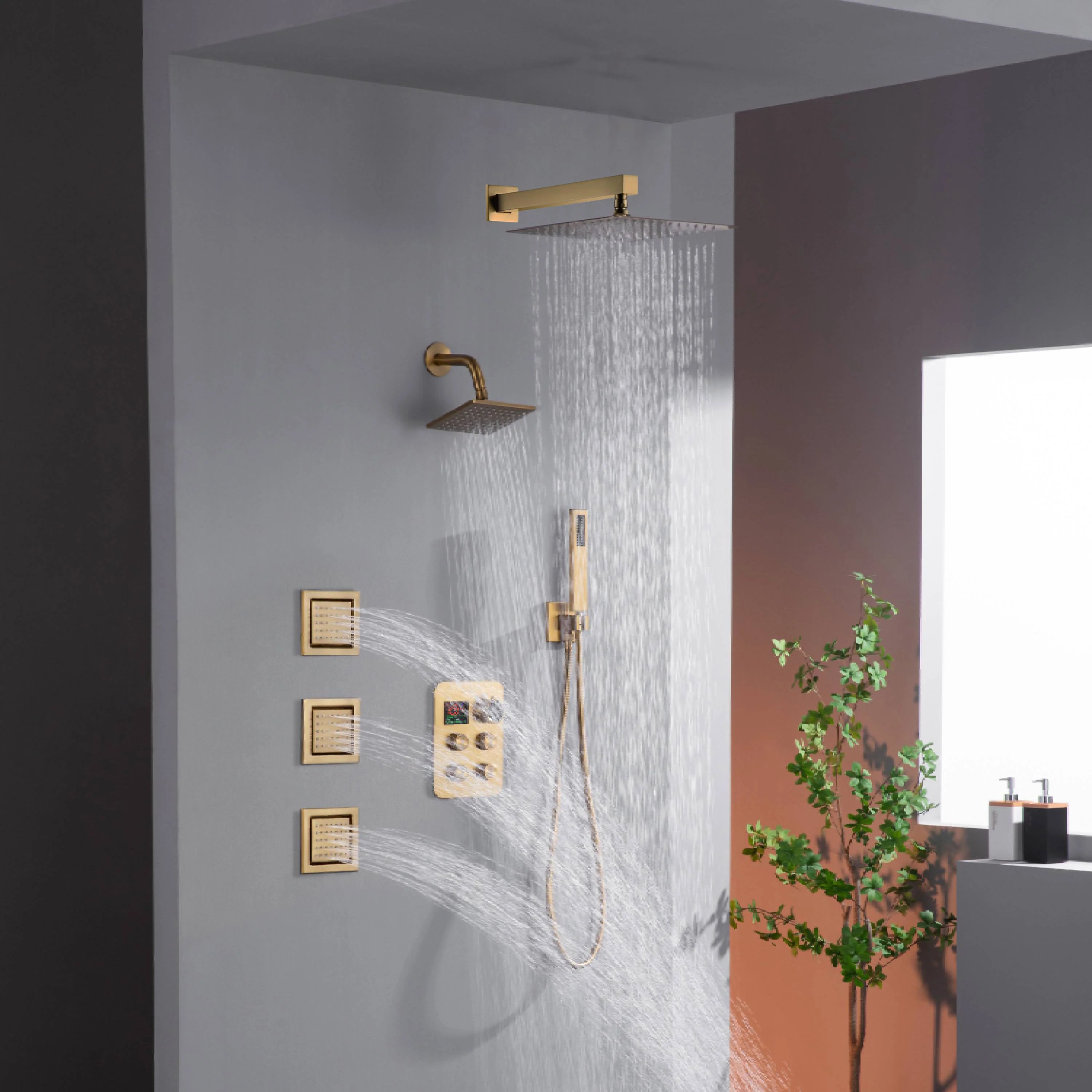 12" or 16" Wall Mount Rain Head with 4-Way Thermostatic Faucet and 4" Body Jet - Image 10