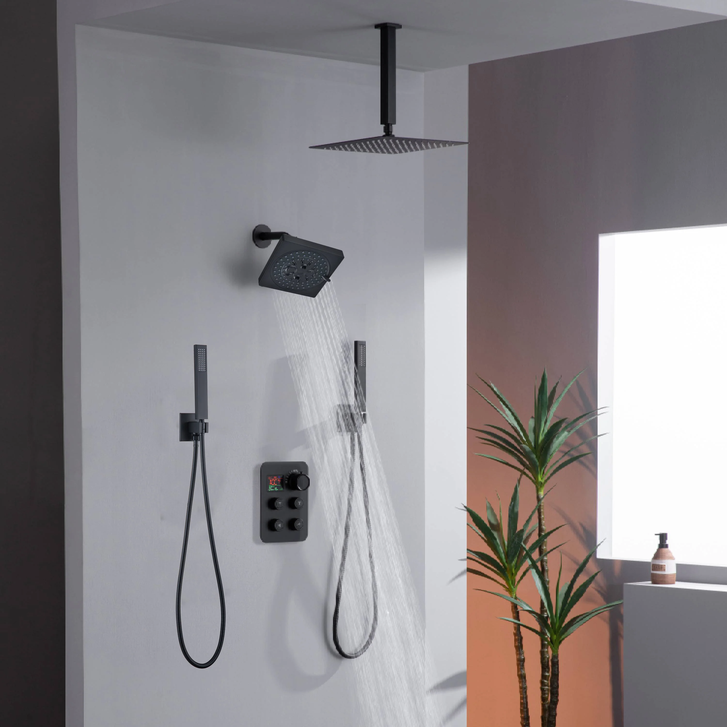 12" or 16" Ceiling Mount Rain Head with 4-Way Thermostatic Faucet and Dual Regular Heads - Image 13