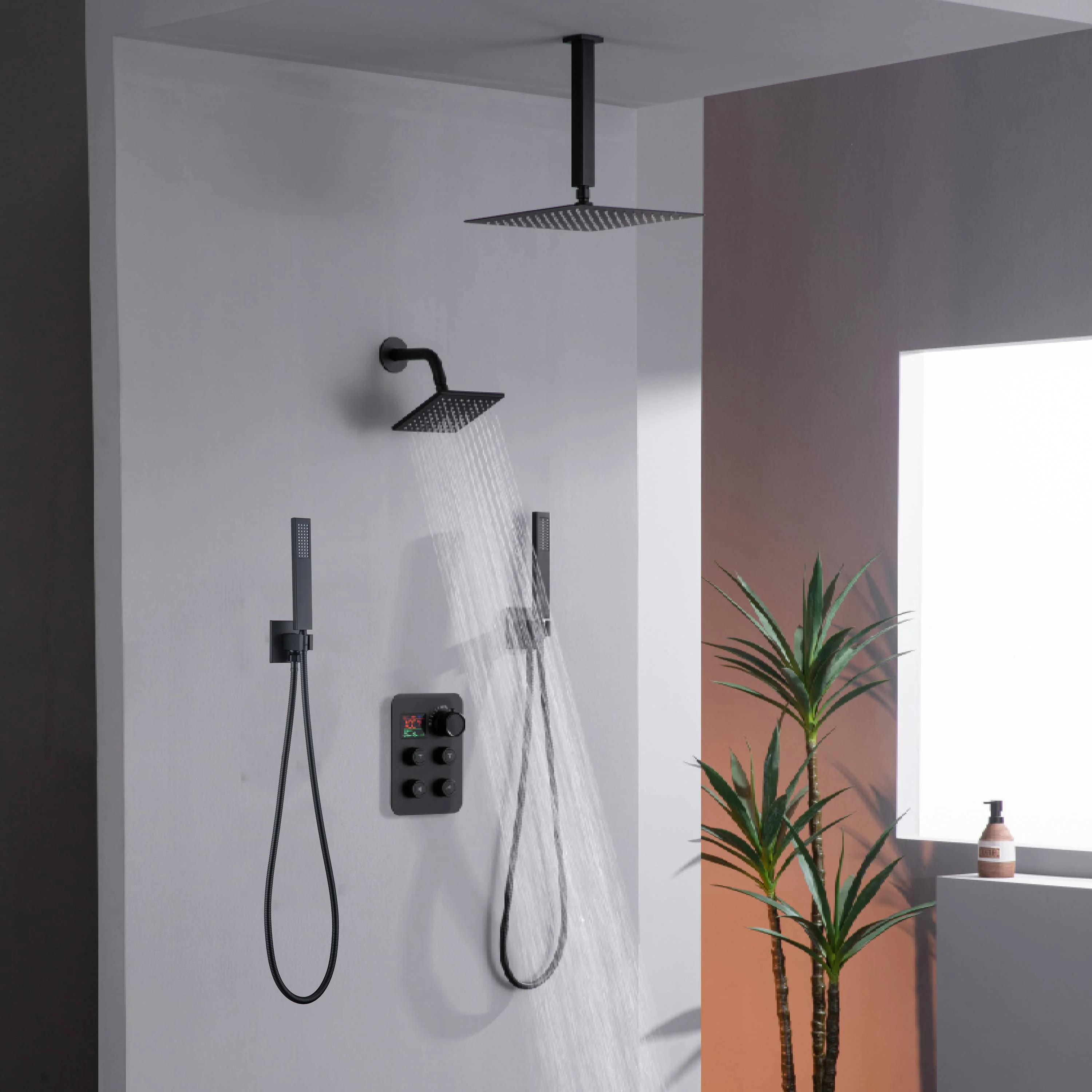 12" or 16" Ceiling Mount Rain Head with 4-Way Thermostatic Faucet and Dual Regular Heads - Image 14