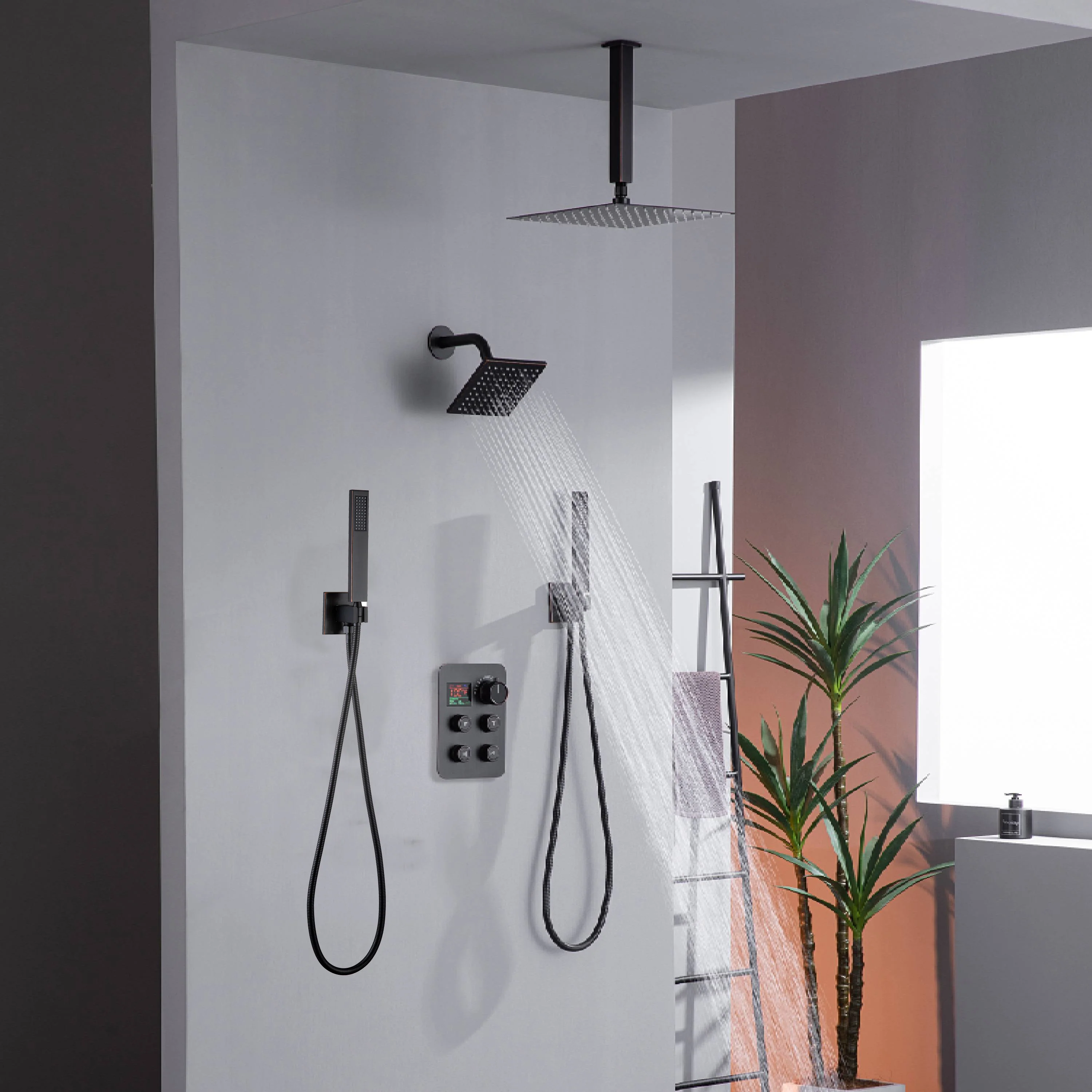 12" or 16" Ceiling Mount Rain Head with 4-Way Thermostatic Faucet and Dual Regular Heads - Image 24