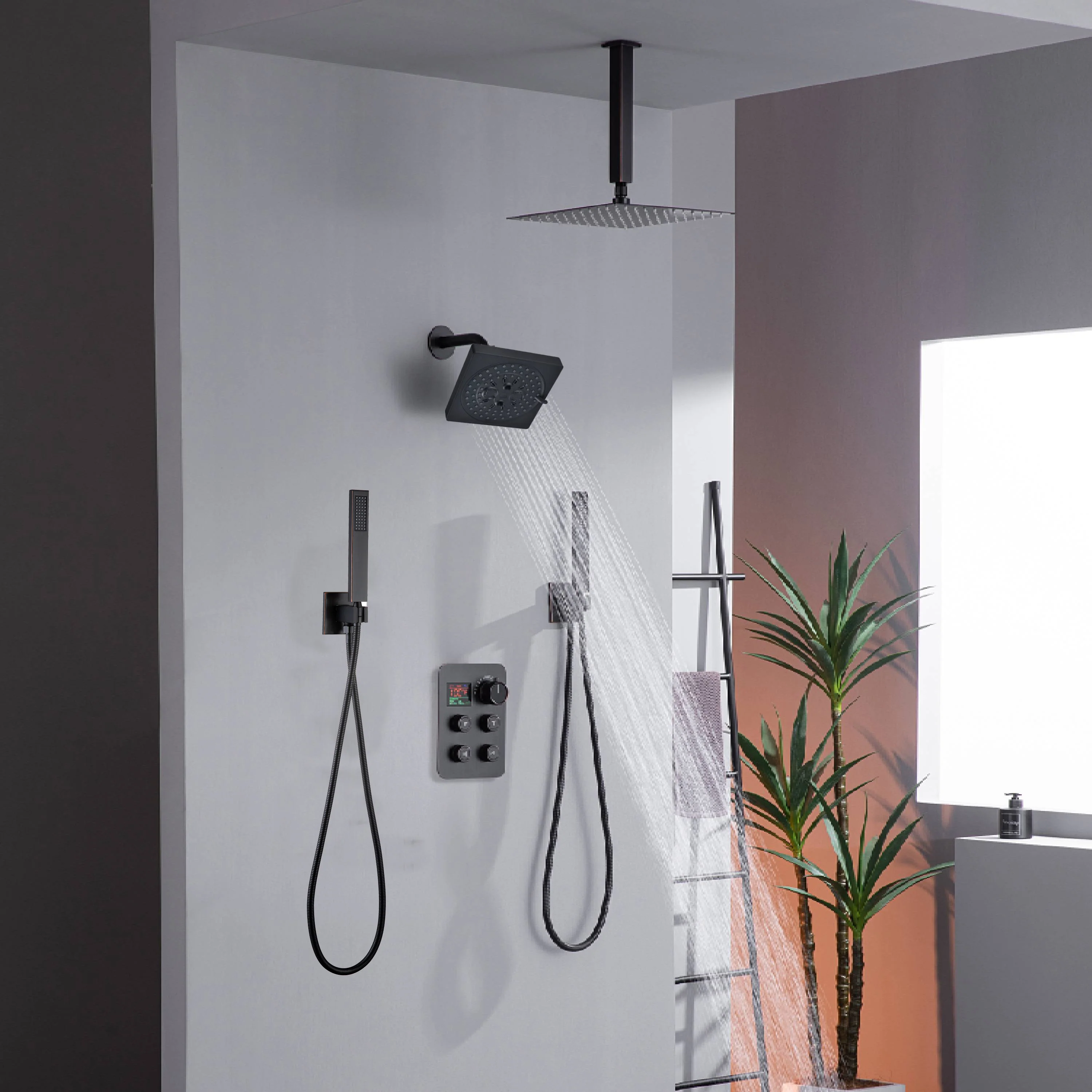 12" or 16" Ceiling Mount Rain Head with 4-Way Thermostatic Faucet and Dual Regular Heads - Image 25