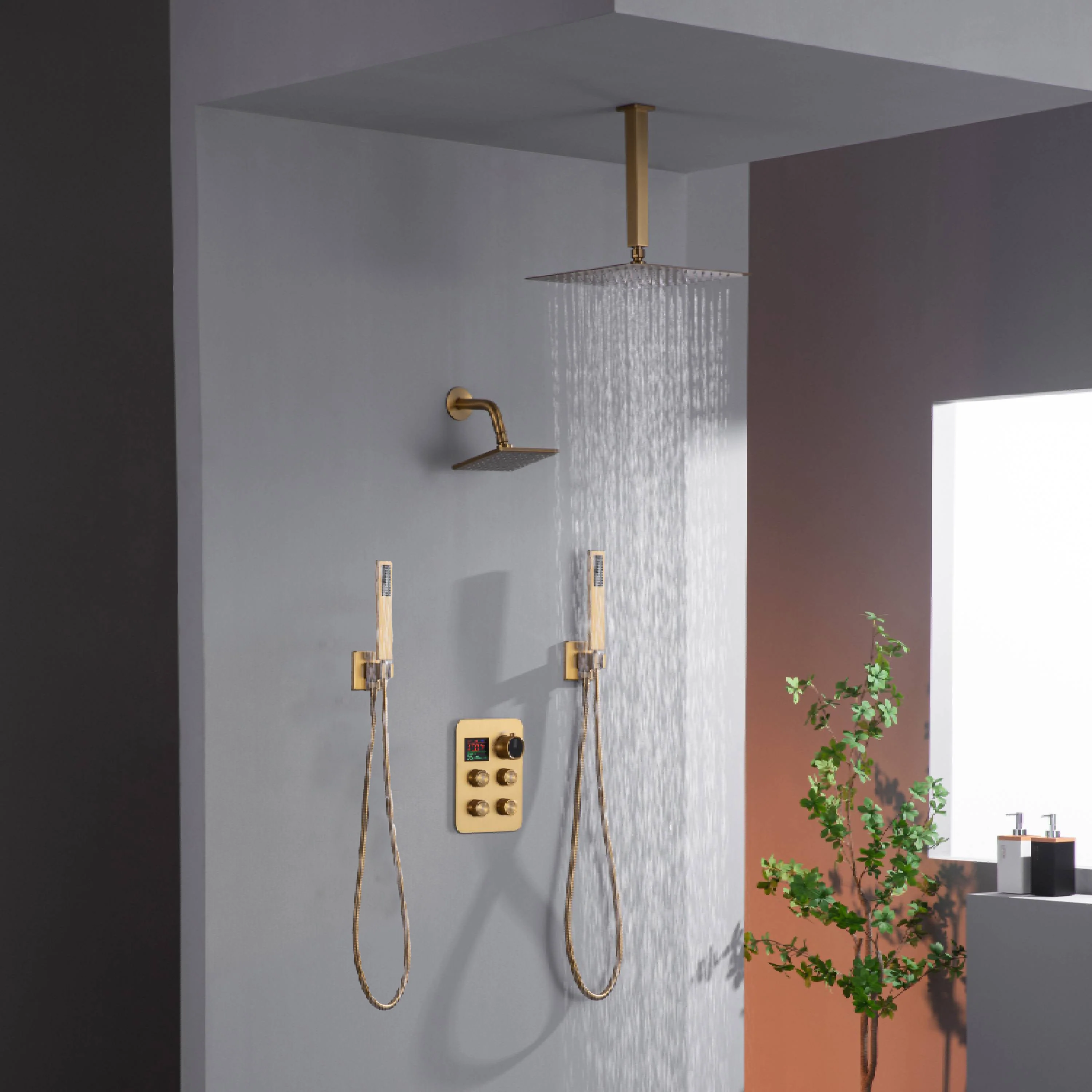 12" or 16" Ceiling Mount Rain Head with 4-Way Thermostatic Faucet and Dual Regular Heads - Image 9