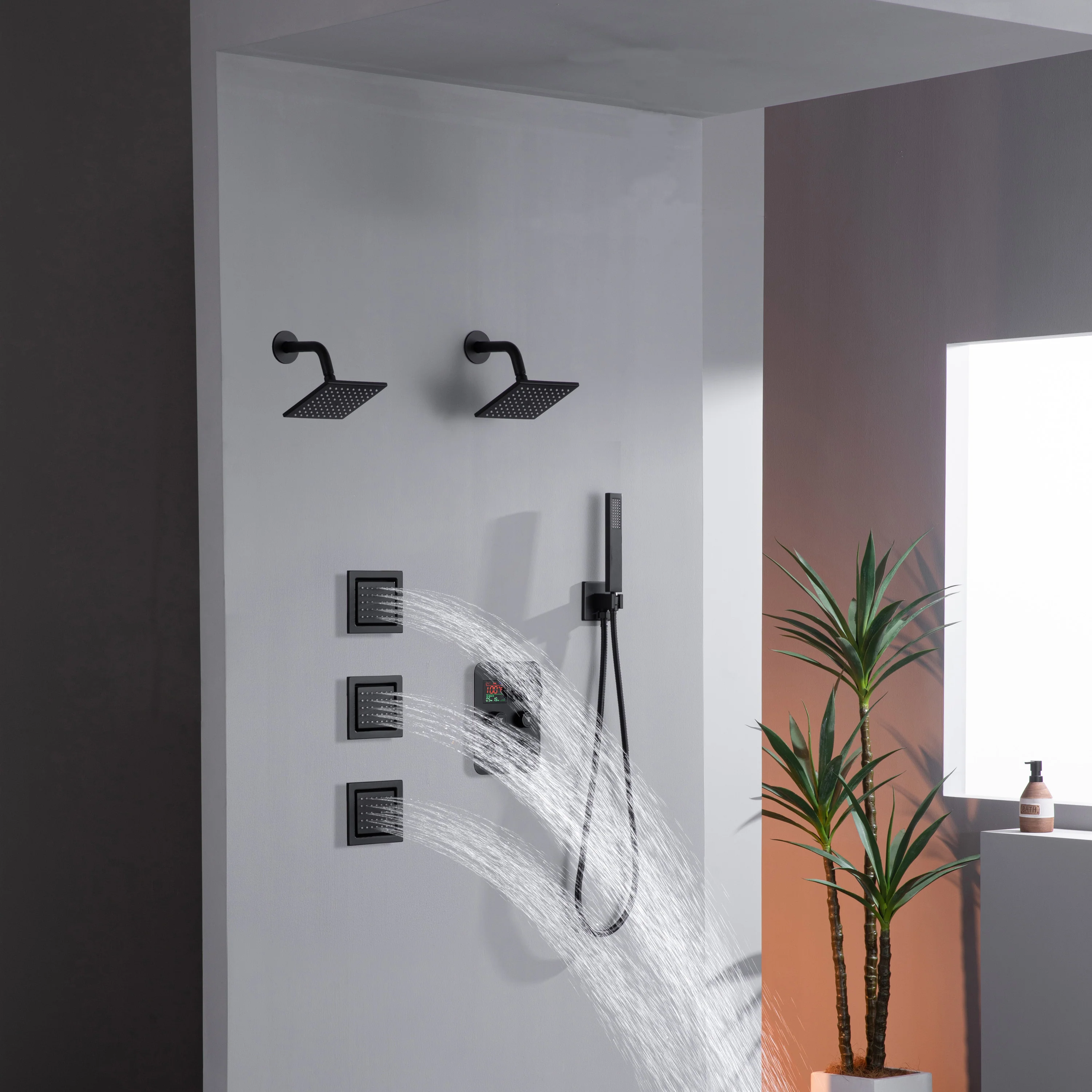 Dual Regular Heads with 4-Way Thermostatic Faucet and  Handle Shower and Body Jets - Image 12