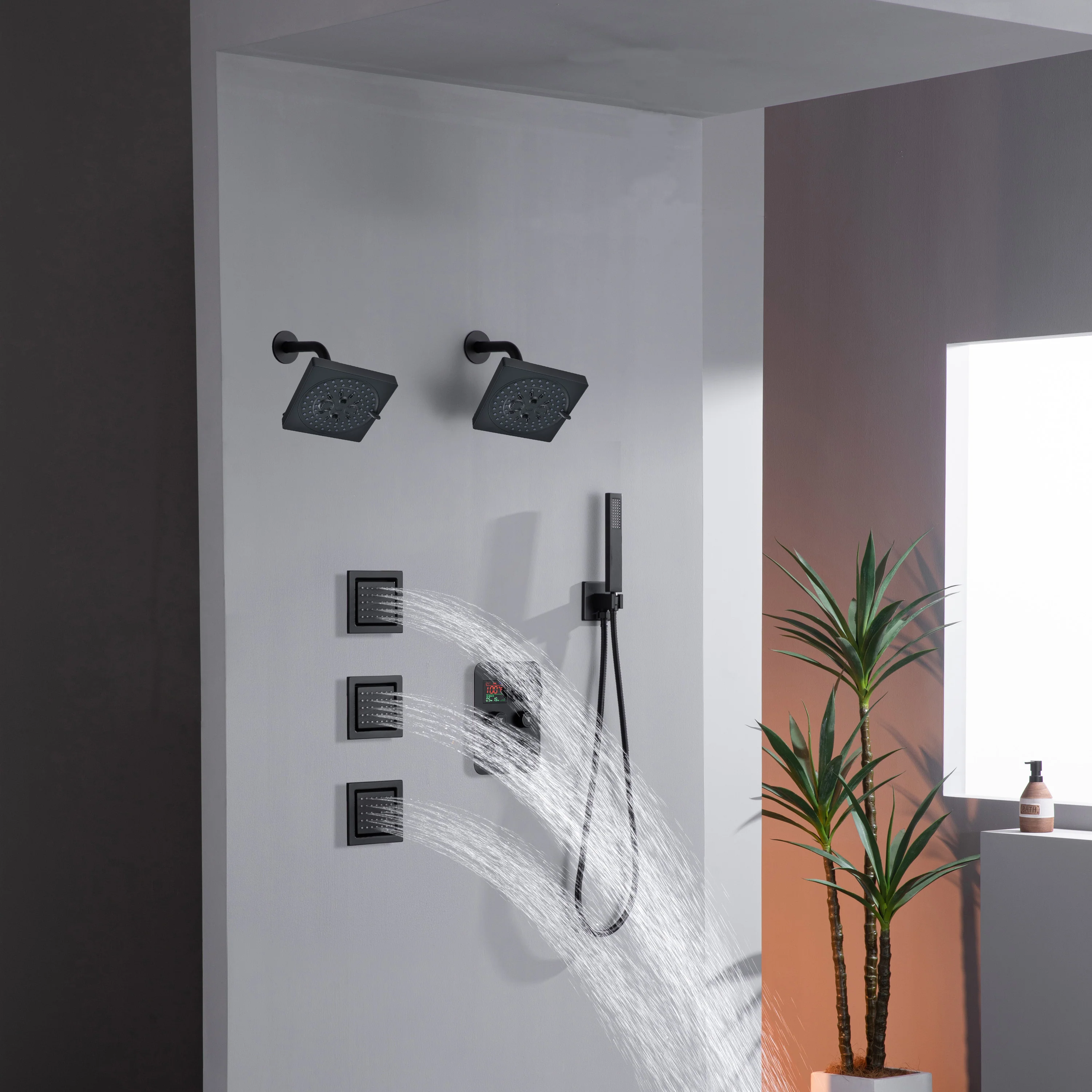 Dual Regular Heads with 4-Way Thermostatic Faucet and  Handle Shower and Body Jets - Image 13