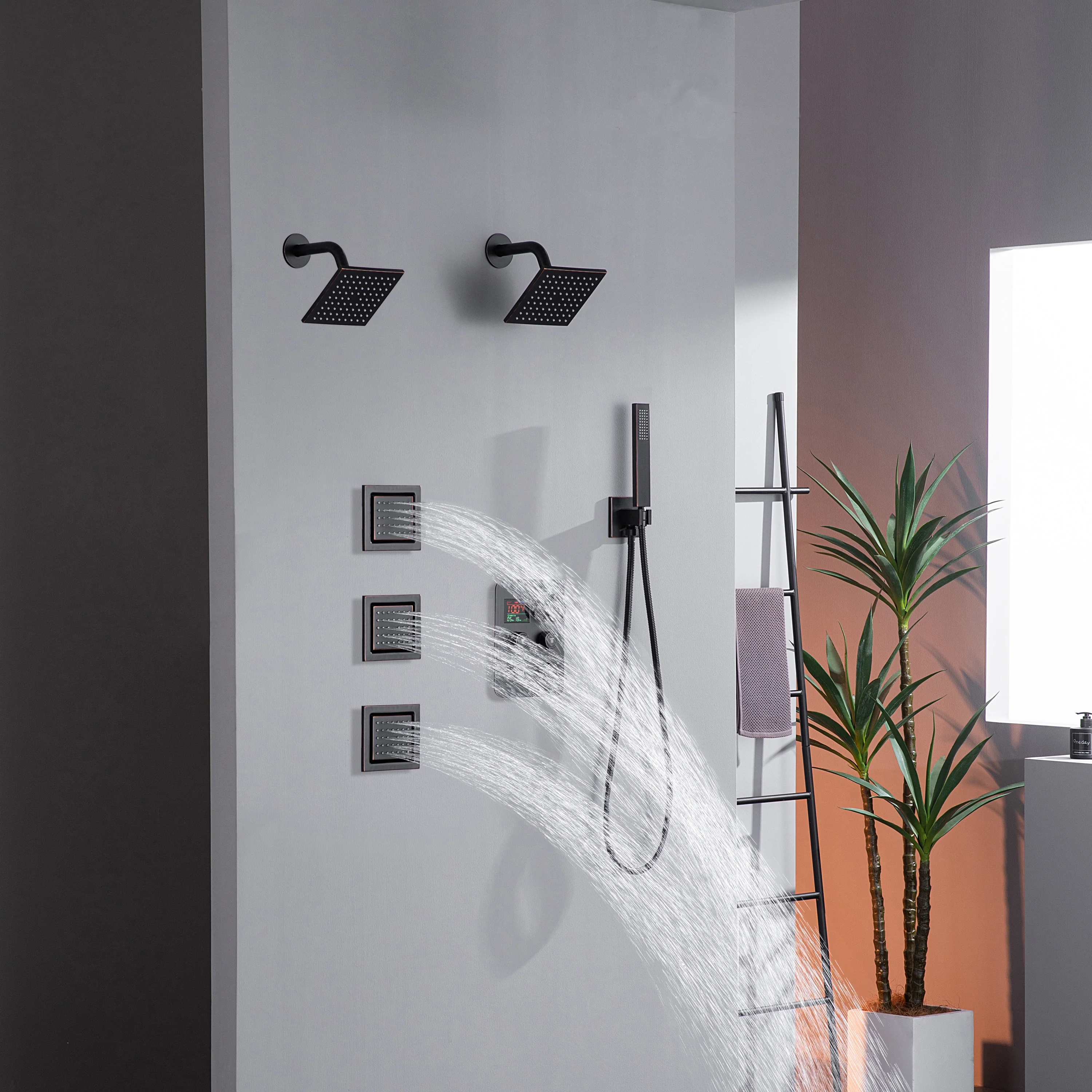 Dual Regular Heads with 4-Way Thermostatic Faucet and  Handle Shower and Body Jets - Image 23