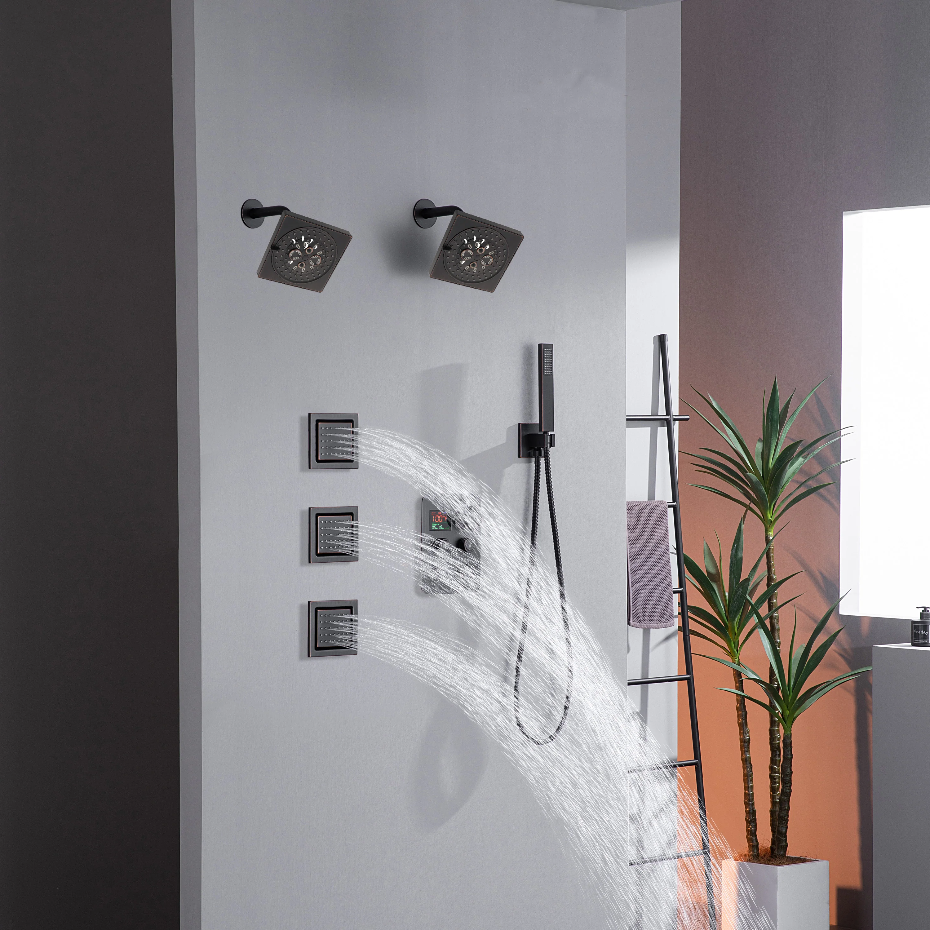 Dual Regular Heads with 4-Way Thermostatic Faucet and  Handle Shower and Body Jets - Image 24