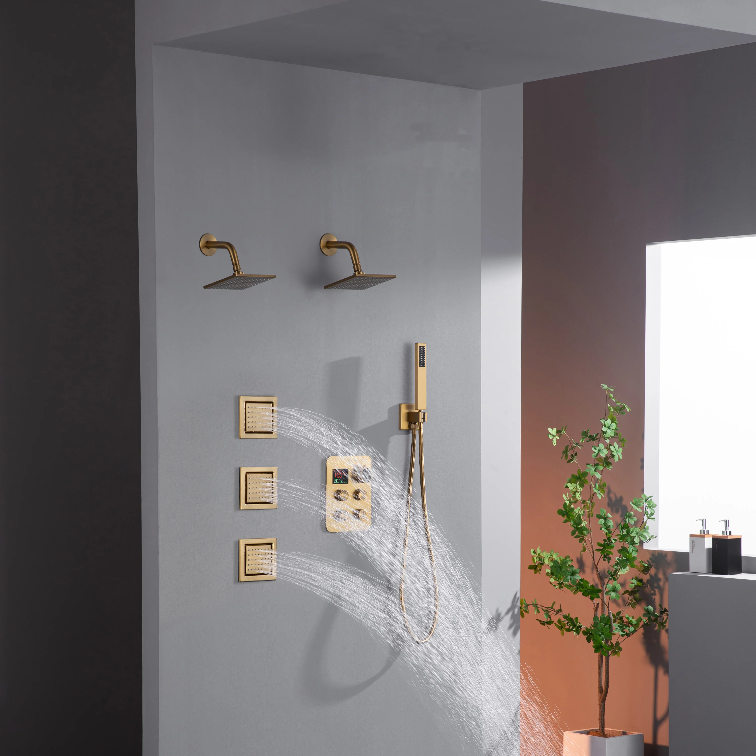 Dual Regular Heads with 4-Way Thermostatic Faucet and  Handle Shower and Body Jets - Image 8