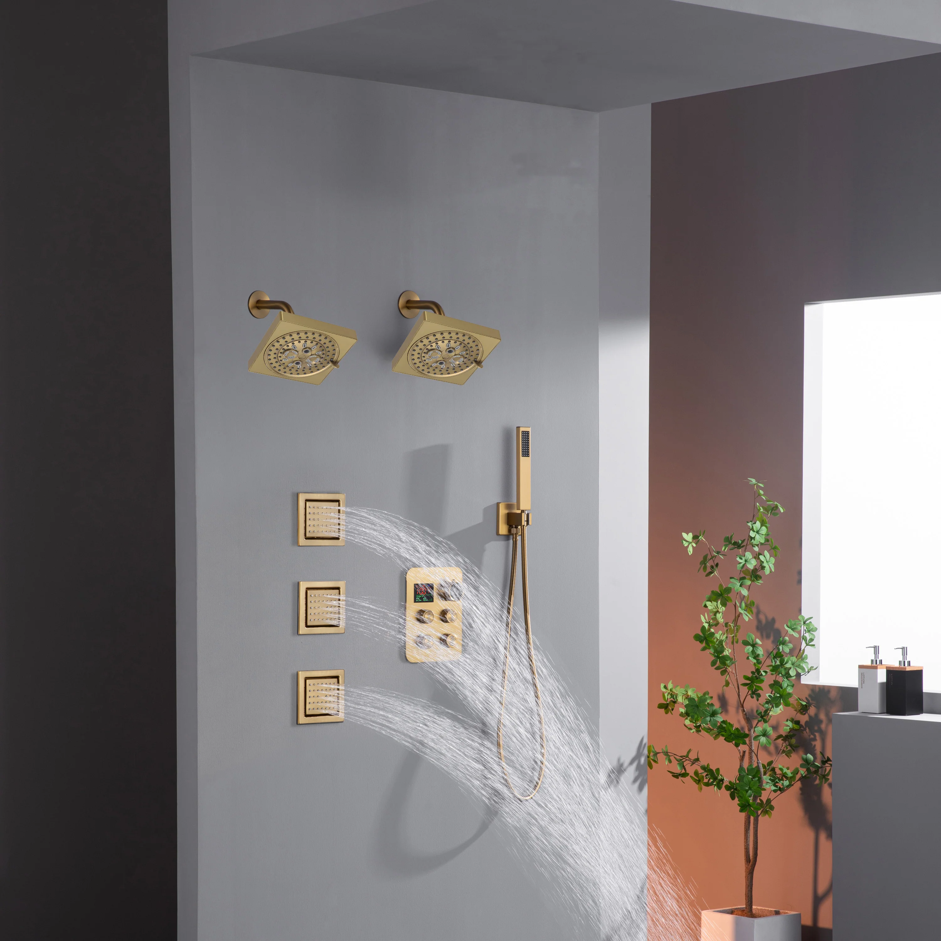 Dual Regular Heads with 4-Way Thermostatic Faucet and  Handle Shower and Body Jets - Image 9