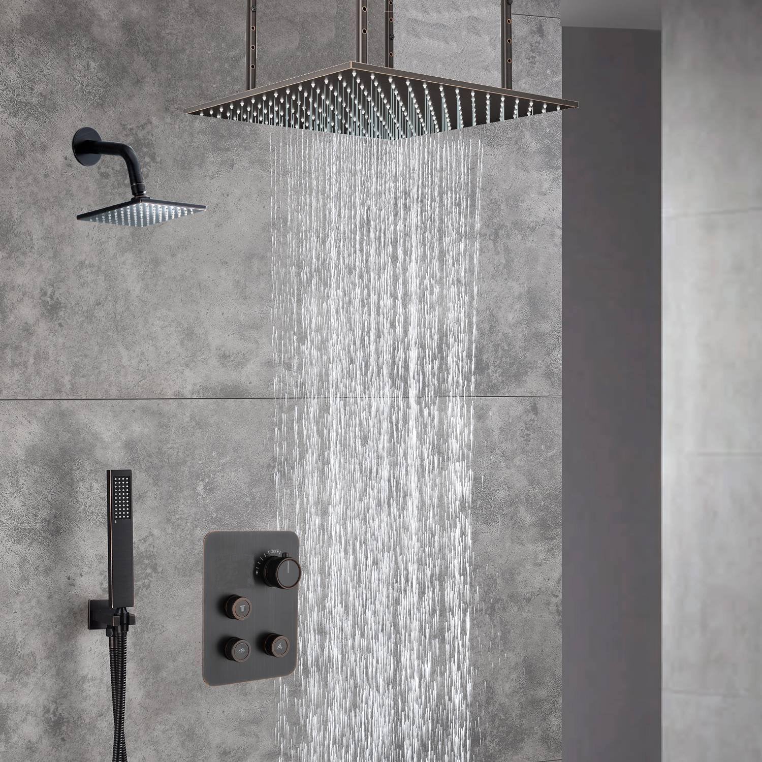 20-Inch Oil Rubbed Bronze Ceiling-Mounted Rainfall Shower Faucet with 3-Way Thermostat - Includes 6'' Regular Head and Handle Wand - Image 2