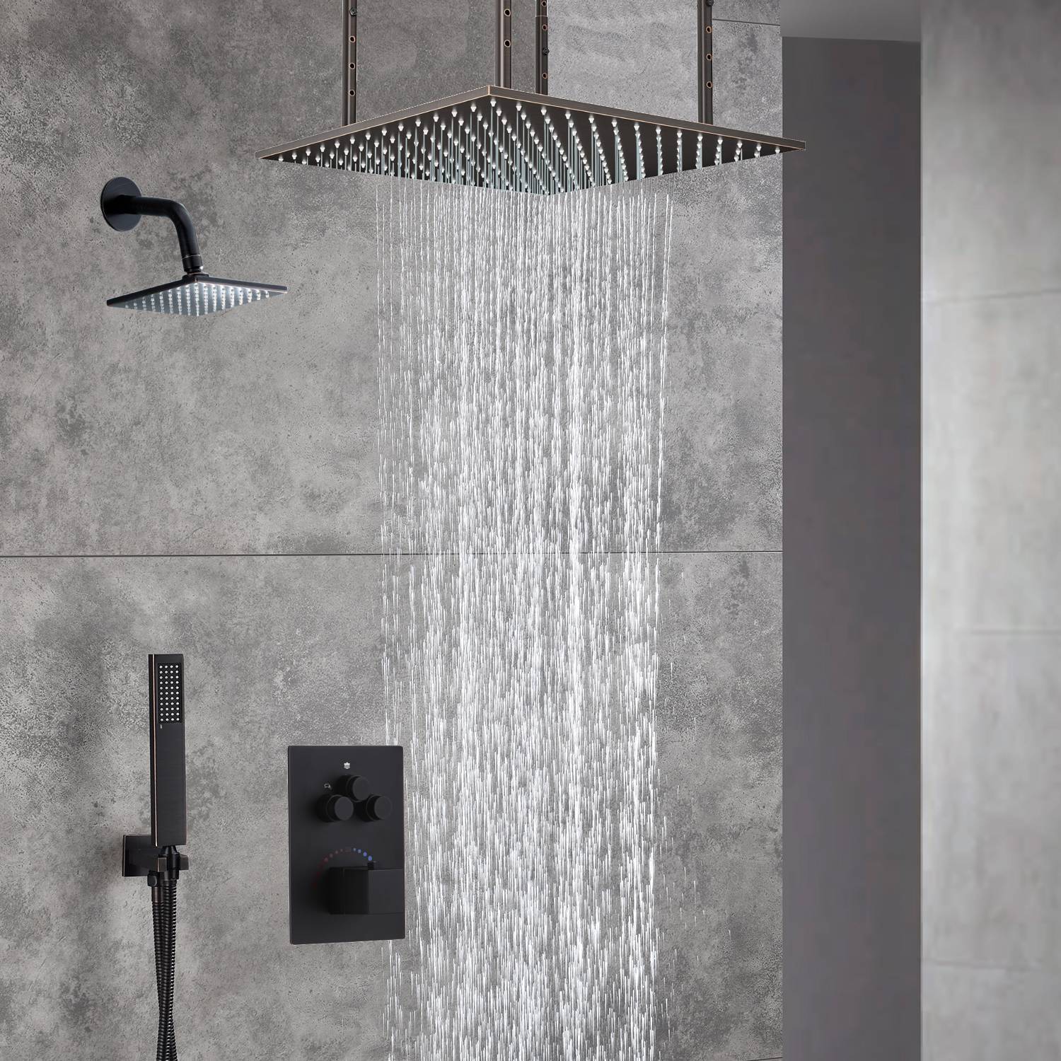 20-Inch Oil Rubbed Bronze Ceiling-Mounted Rainfall Shower Faucet with 3-Way Thermostat - Includes 6'' Regular Head and Handle Wand - Image 3