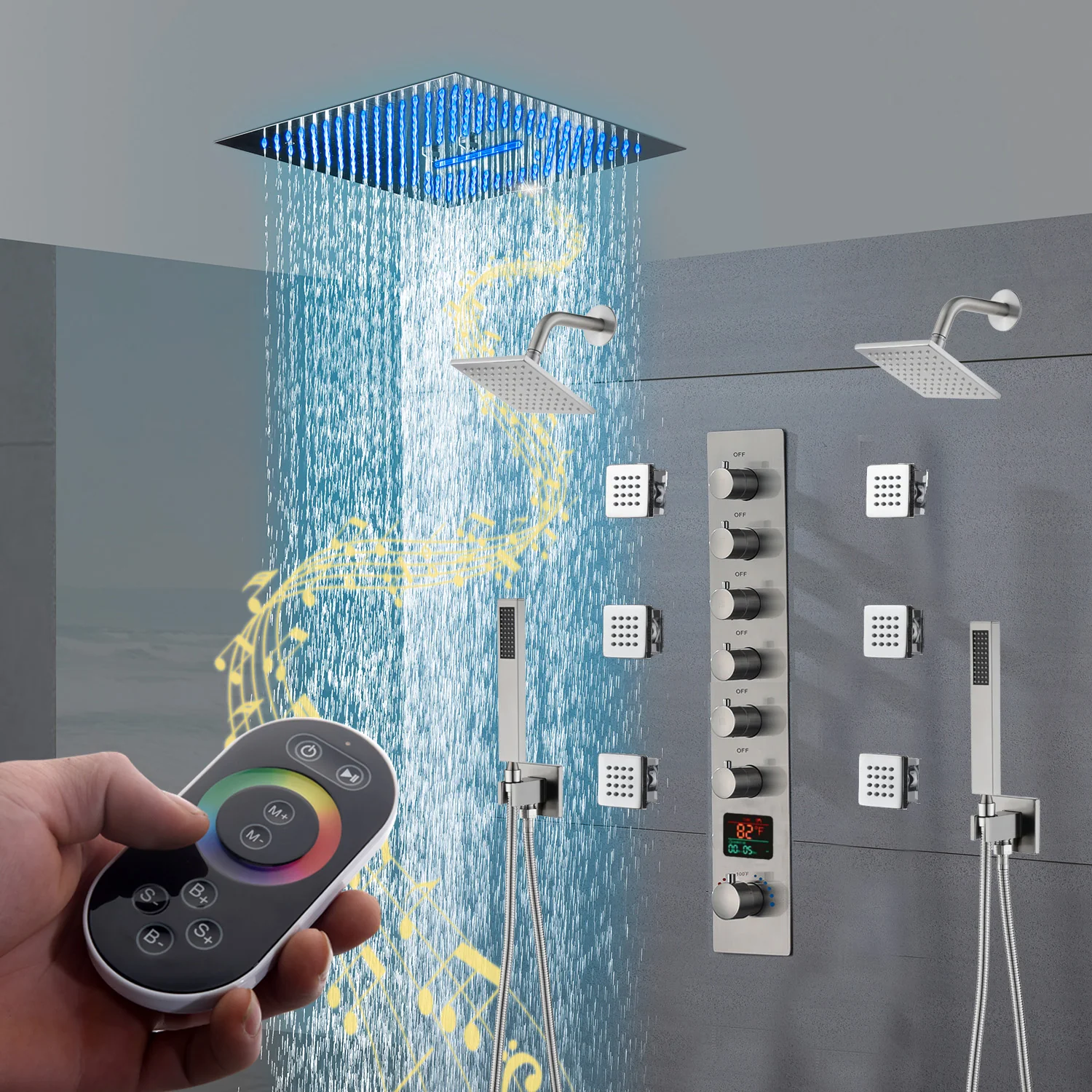 16" Brushed Nickel rainfall waterfall mist 64 led light music flush mount shower head 6 wayThermostatic Shower Faucets - Image 3