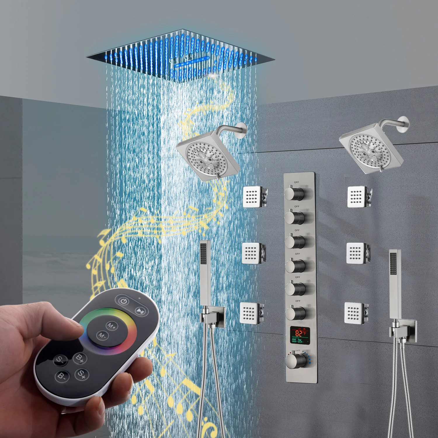 16" Brushed Nickel rainfall waterfall mist 64 led light music flush mount shower head 6 wayThermostatic Shower Faucets - Image 4