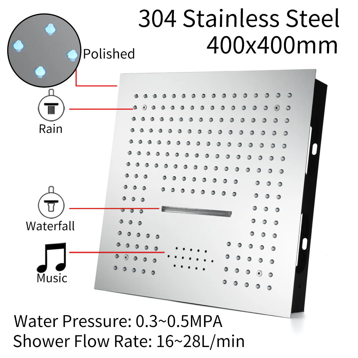 16-Inch Chrome Thermostatic Shower Faucet: Flush-Mounted, 64-Color LED Lighting, Bluetooth Music, 4-Way Control, and 4-Inch Body Jet Features - Image 12