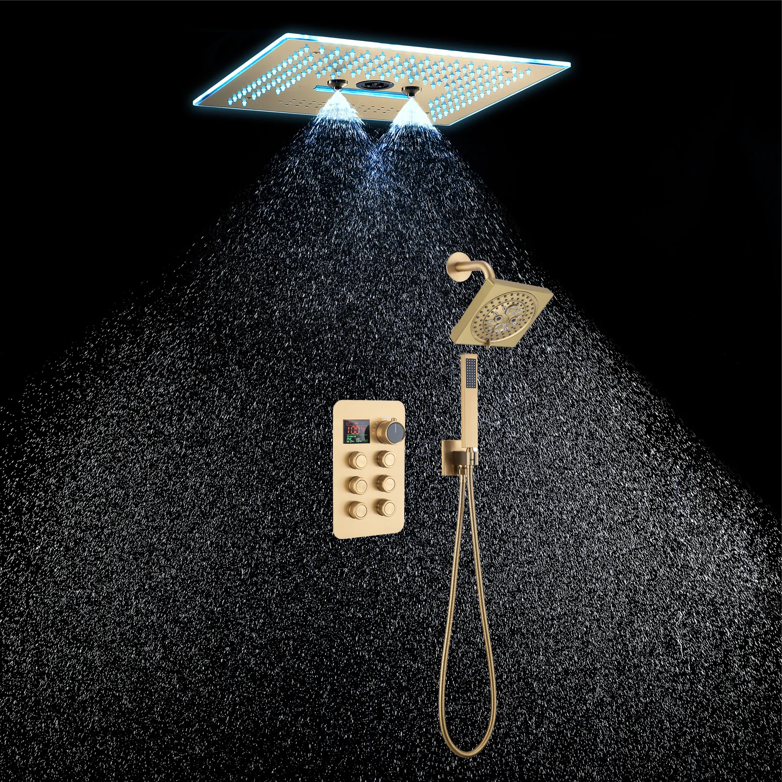 16-Inch Rainfall Waterfall Mist Water Column Flush Mount Shower Faucet Set with 6-Way Thermostatic Control, 64-Color LED, Bluetooth Music, Rainfall-Waterfall-Mist Features, Rotating Hydro Jet, and Regular Head - Image 2