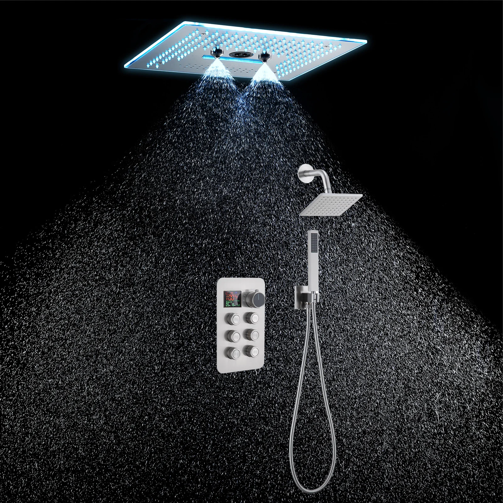 16-Inch Rainfall Waterfall Mist Water Column Flush Mount Shower Faucet Set with 6-Way Thermostatic Control, 64-Color LED, Bluetooth Music, Rainfall-Waterfall-Mist Features, Rotating Hydro Jet, and Regular Head - Image 5