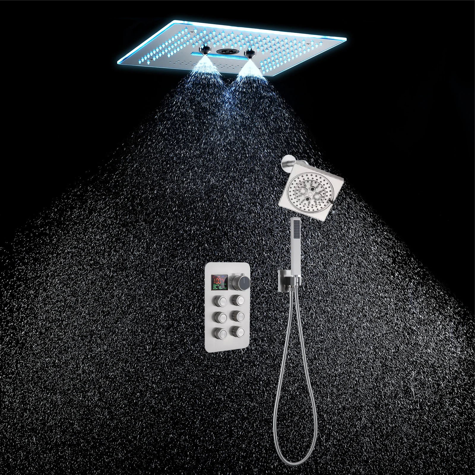 16-Inch Rainfall Waterfall Mist Water Column Flush Mount Shower Faucet Set with 6-Way Thermostatic Control, 64-Color LED, Bluetooth Music, Rainfall-Waterfall-Mist Features, Rotating Hydro Jet, and Regular Head - Image 6