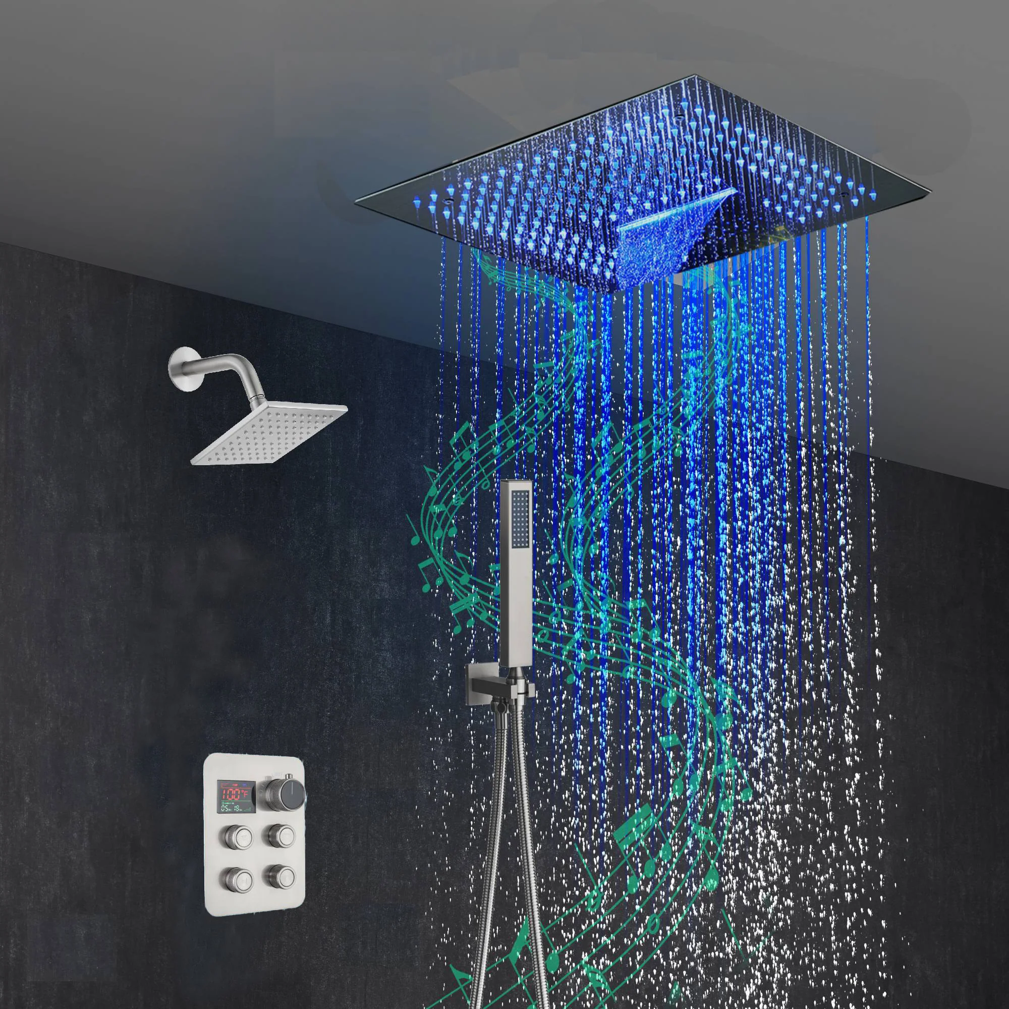 16-Inch Brushed Gold or brushed nickel or matte black Flush Mount rainfall waterfall Shower Faucet Set: 4-Way Thermostatic Control, 64-Color LED Lights, Bluetooth Music, and Regular Head - Image 14