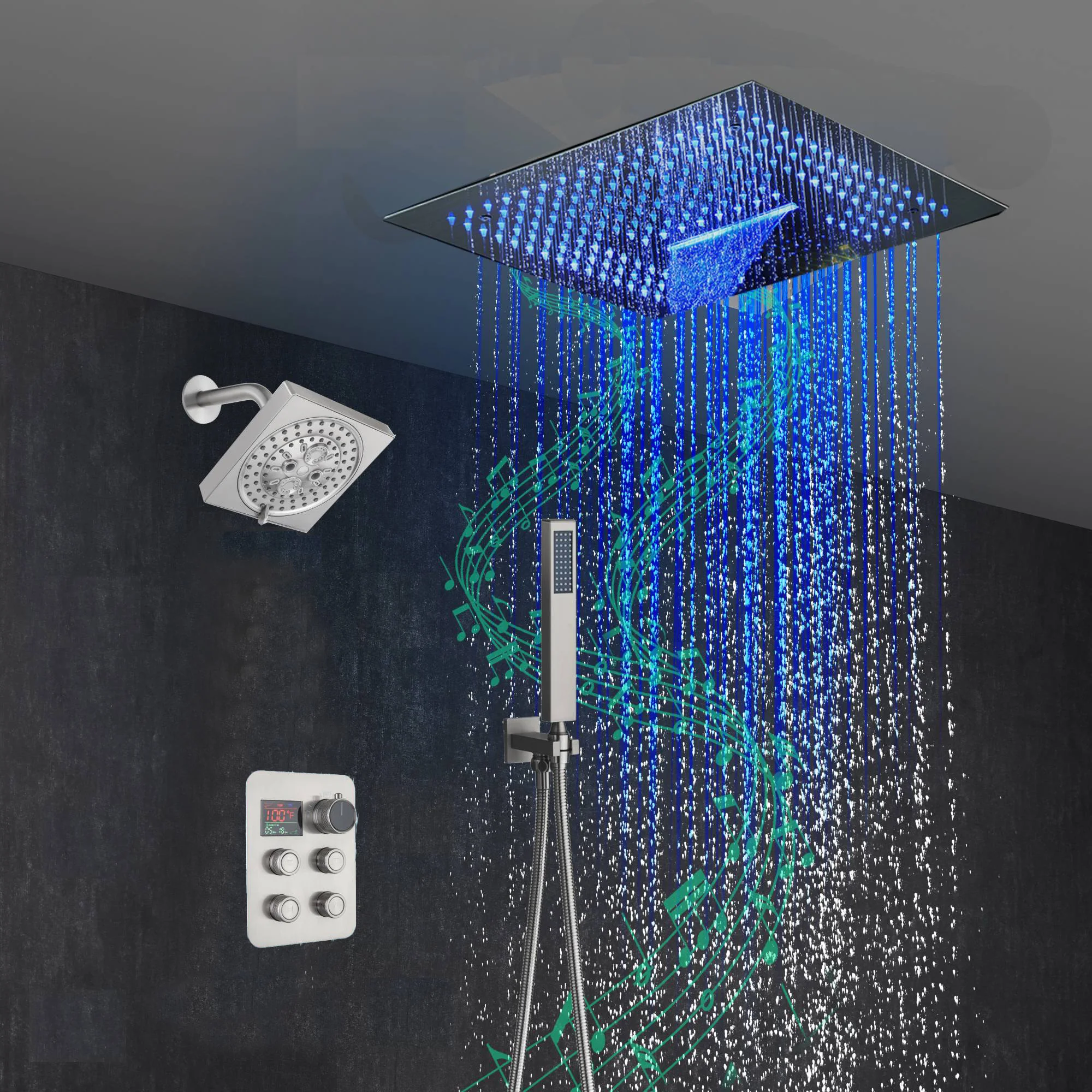 16-Inch Brushed Gold or brushed nickel or matte black Flush Mount rainfall waterfall Shower Faucet Set: 4-Way Thermostatic Control, 64-Color LED Lights, Bluetooth Music, and Regular Head - Image 15