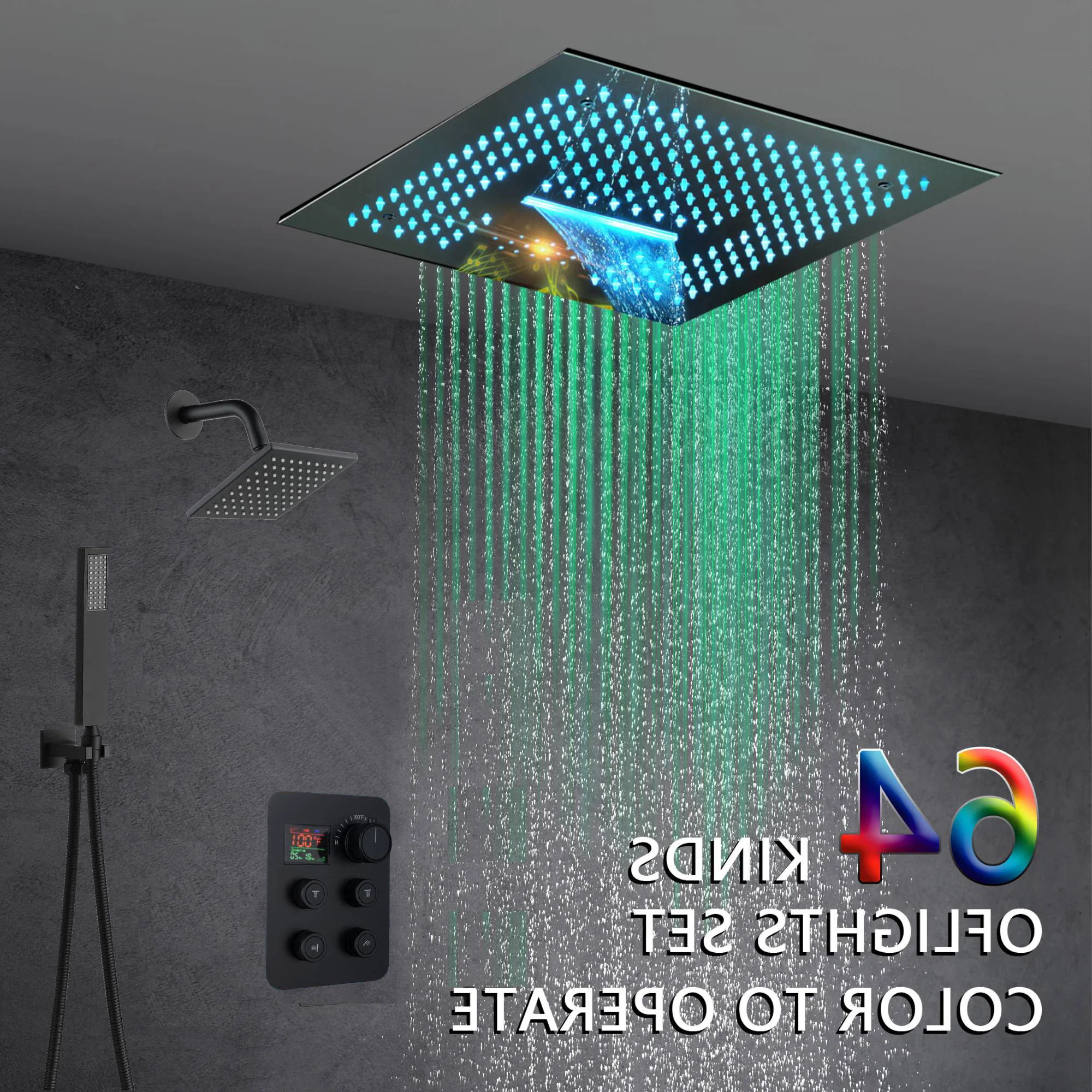 16-Inch Brushed Gold or brushed nickel or matte black Flush Mount rainfall waterfall Shower Faucet Set: 4-Way Thermostatic Control, 64-Color LED Lights, Bluetooth Music, and Regular Head - Image 19