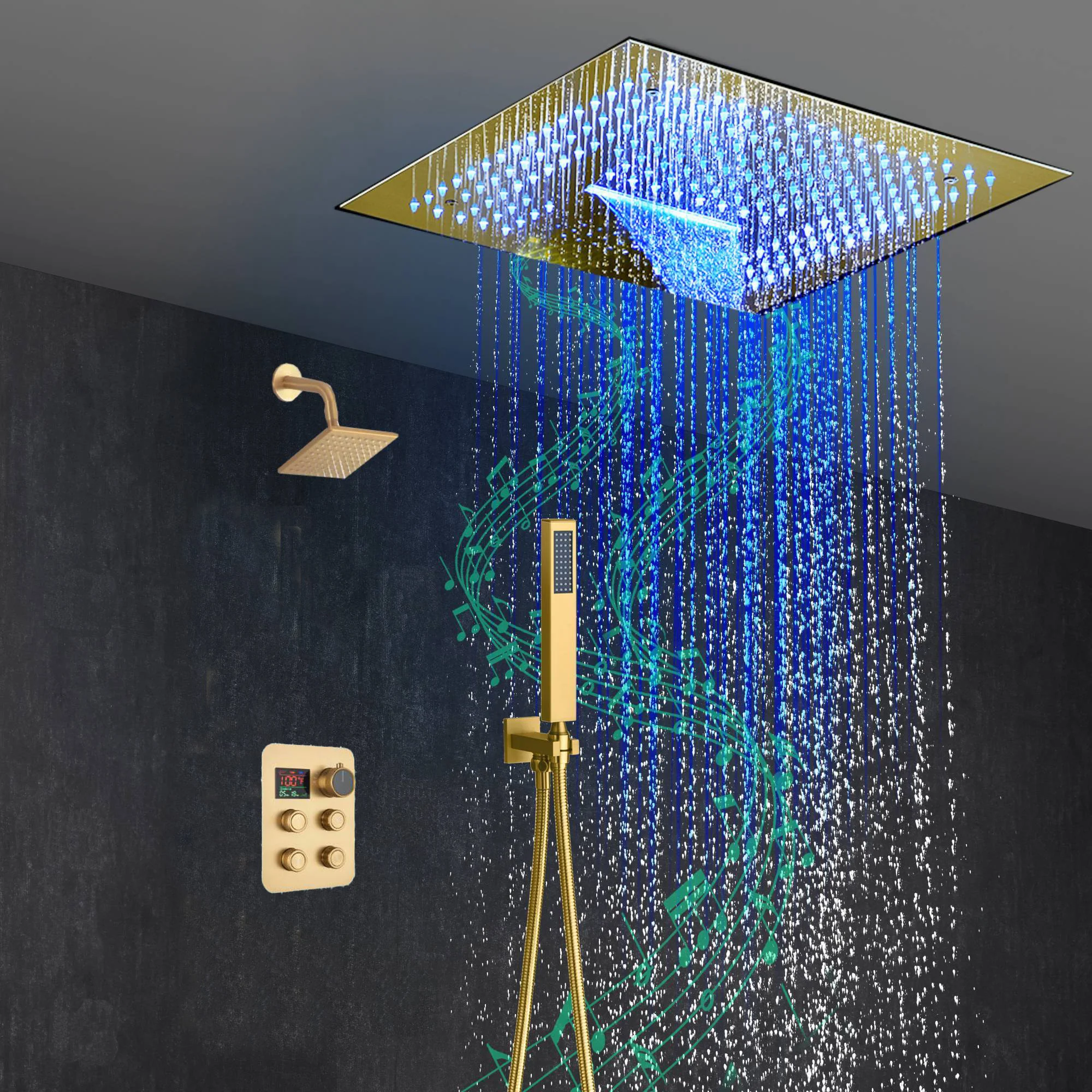 16-Inch Brushed Gold or brushed nickel or matte black Flush Mount rainfall waterfall Shower Faucet Set: 4-Way Thermostatic Control, 64-Color LED Lights, Bluetooth Music, and Regular Head - Image 2
