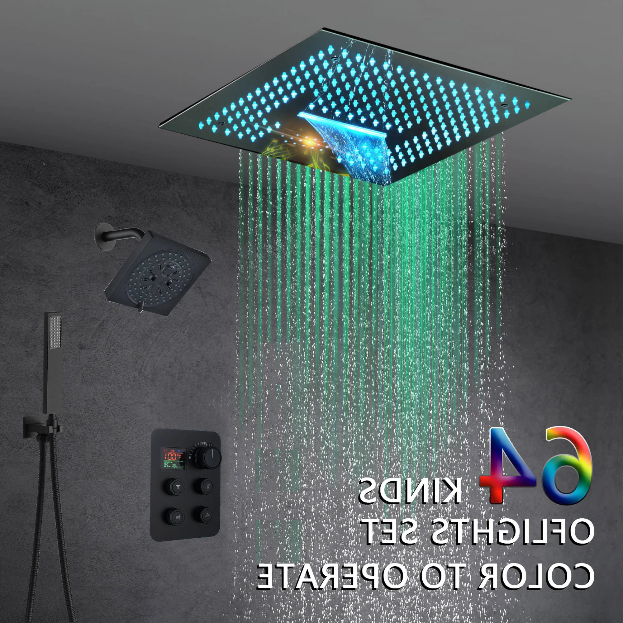 16-Inch Brushed Gold or brushed nickel or matte black Flush Mount rainfall waterfall Shower Faucet Set: 4-Way Thermostatic Control, 64-Color LED Lights, Bluetooth Music, and Regular Head - Image 20