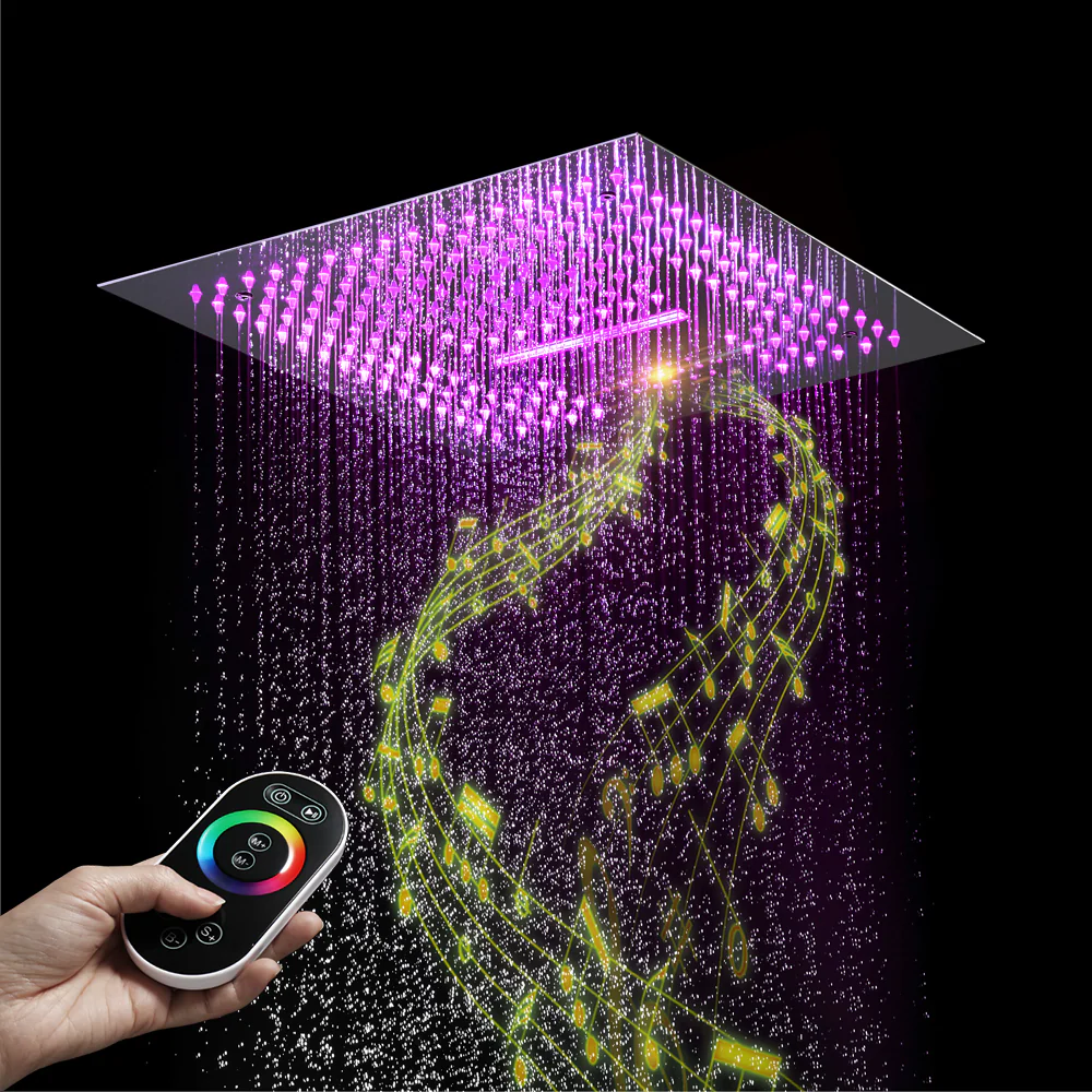 16-Inch Brushed Gold or brushed nickel or matte black Flush Mount rainfall waterfall Shower Faucet Set: 4-Way Thermostatic Control, 64-Color LED Lights, Bluetooth Music, and Regular Head - Image 28