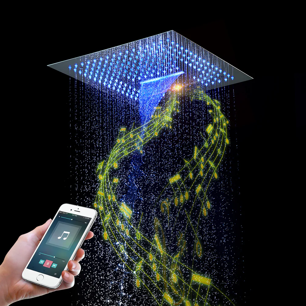 16-Inch Brushed Gold or brushed nickel or matte black Flush Mount rainfall waterfall Shower Faucet Set: 4-Way Thermostatic Control, 64-Color LED Lights, Bluetooth Music, and Regular Head - Image 29