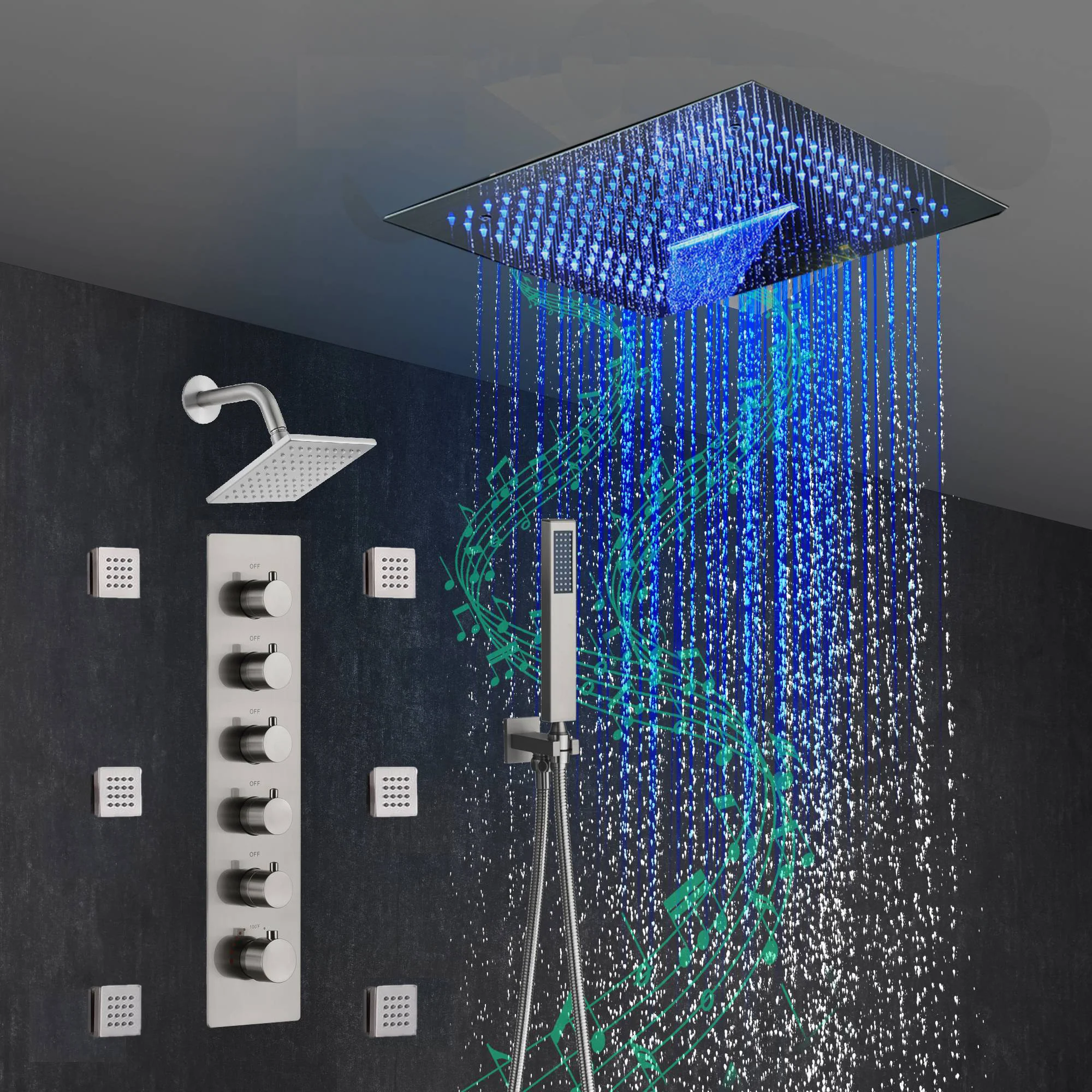 16-Inch Brushed Gold or brushed nickel or matte black Flush Mount rainfall waterfall Shower Faucet Set: 5-Way Thermostatic Control, 64-Color LED Lights, Bluetooth Music, and Regular Head, 6 Body jets - Image 16