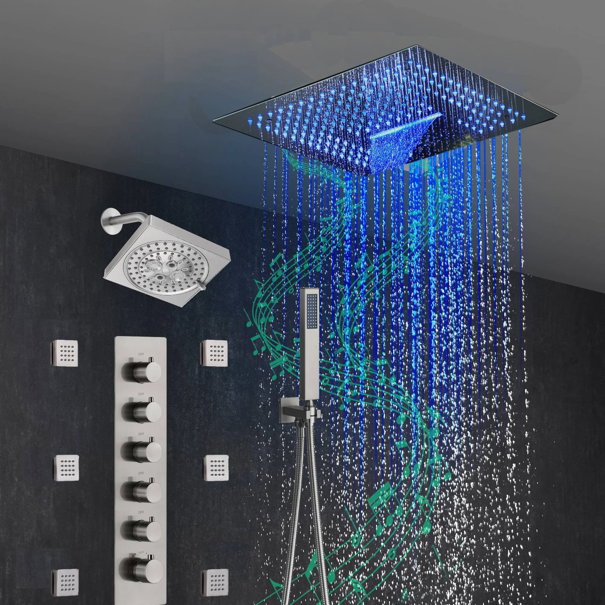 16-Inch Brushed Gold or brushed nickel or matte black Flush Mount rainfall waterfall Shower Faucet Set: 5-Way Thermostatic Control, 64-Color LED Lights, Bluetooth Music, and Regular Head, 6 Body jets - Image 17