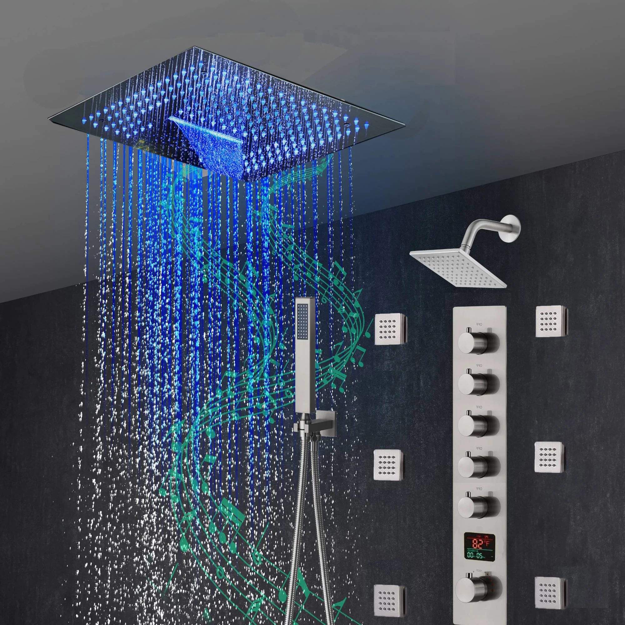 16-Inch Brushed Gold or brushed nickel or matte black Flush Mount rainfall waterfall Shower Faucet Set: 5-Way Thermostatic Control, 64-Color LED Lights, Bluetooth Music, and Regular Head, 6 Body jets - Image 18