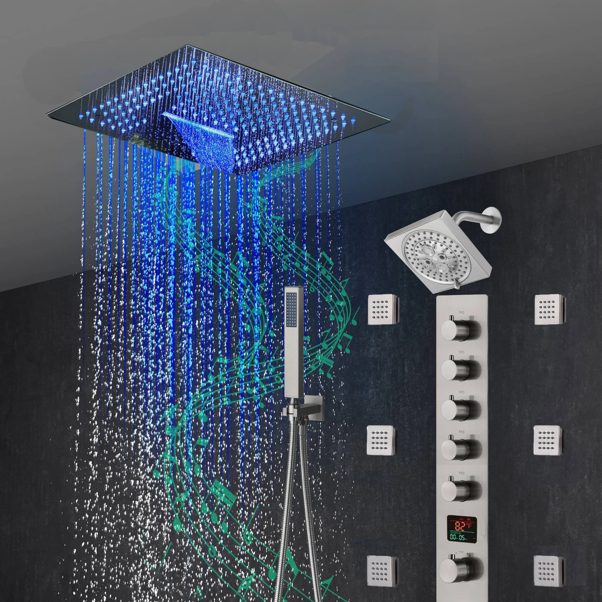 16-Inch Brushed Gold or brushed nickel or matte black Flush Mount rainfall waterfall Shower Faucet Set: 5-Way Thermostatic Control, 64-Color LED Lights, Bluetooth Music, and Regular Head, 6 Body jets - Image 19