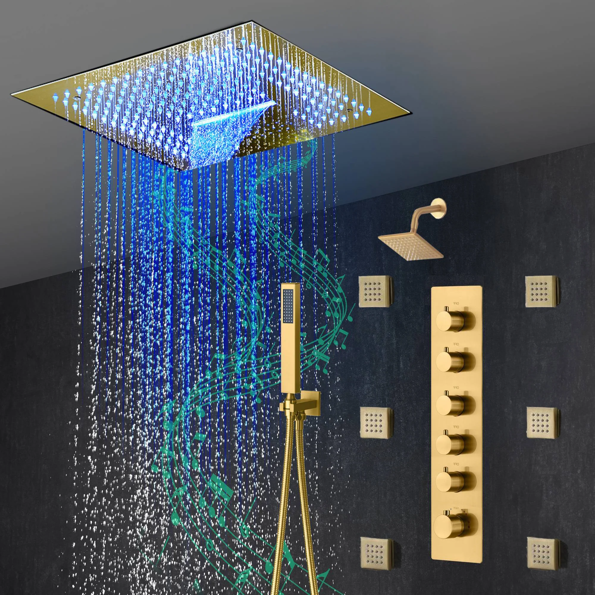16-Inch Brushed Gold or brushed nickel or matte black Flush Mount rainfall waterfall Shower Faucet Set: 5-Way Thermostatic Control, 64-Color LED Lights, Bluetooth Music, and Regular Head, 6 Body jets - Image 26