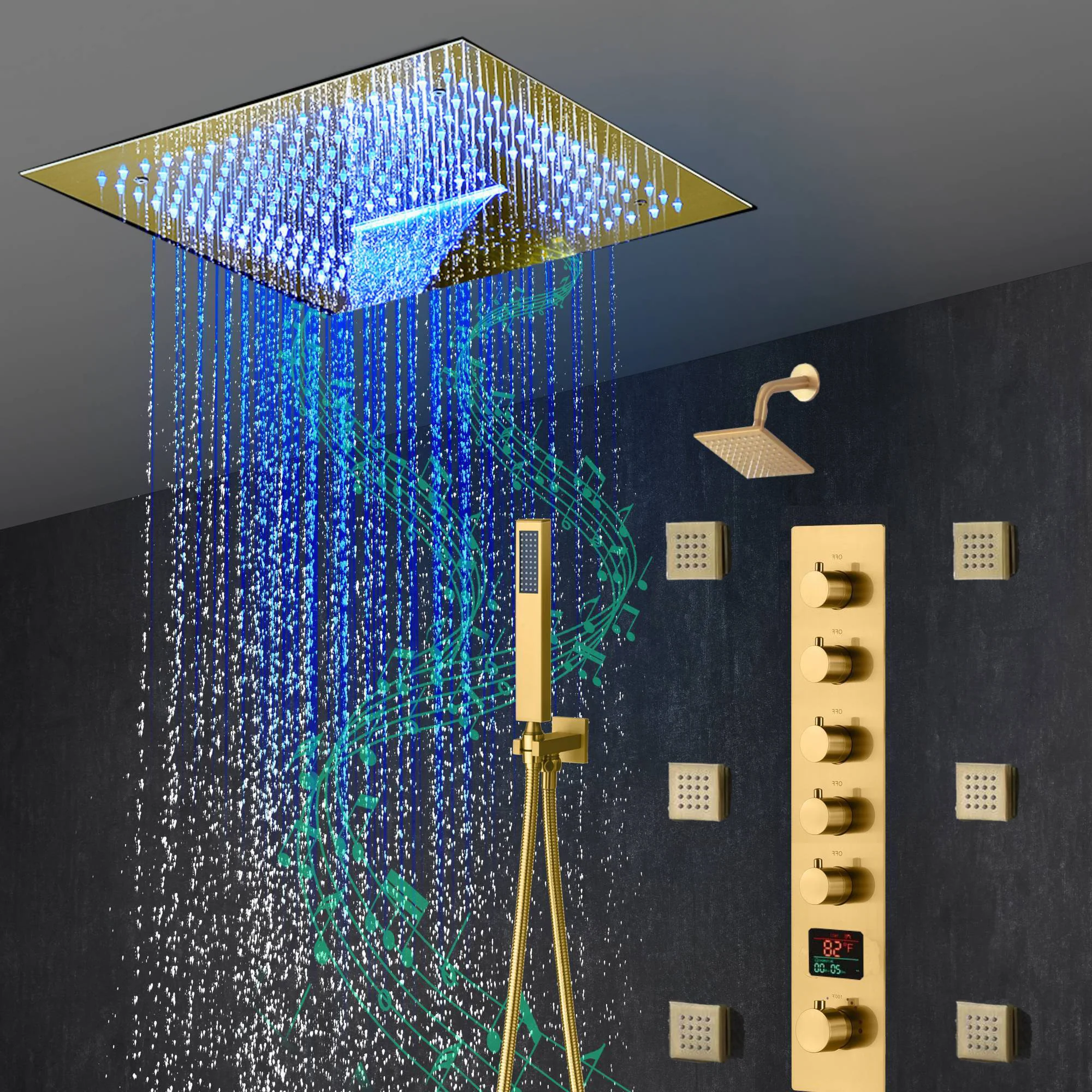 16-Inch Brushed Gold or brushed nickel or matte black Flush Mount rainfall waterfall Shower Faucet Set: 5-Way Thermostatic Control, 64-Color LED Lights, Bluetooth Music, and Regular Head, 6 Body jets - Image 27
