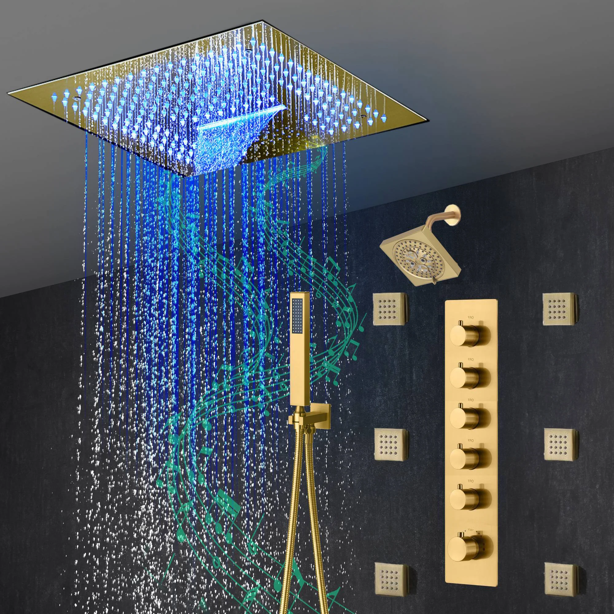 16-Inch Brushed Gold or brushed nickel or matte black Flush Mount rainfall waterfall Shower Faucet Set: 5-Way Thermostatic Control, 64-Color LED Lights, Bluetooth Music, and Regular Head, 6 Body jets - Image 28