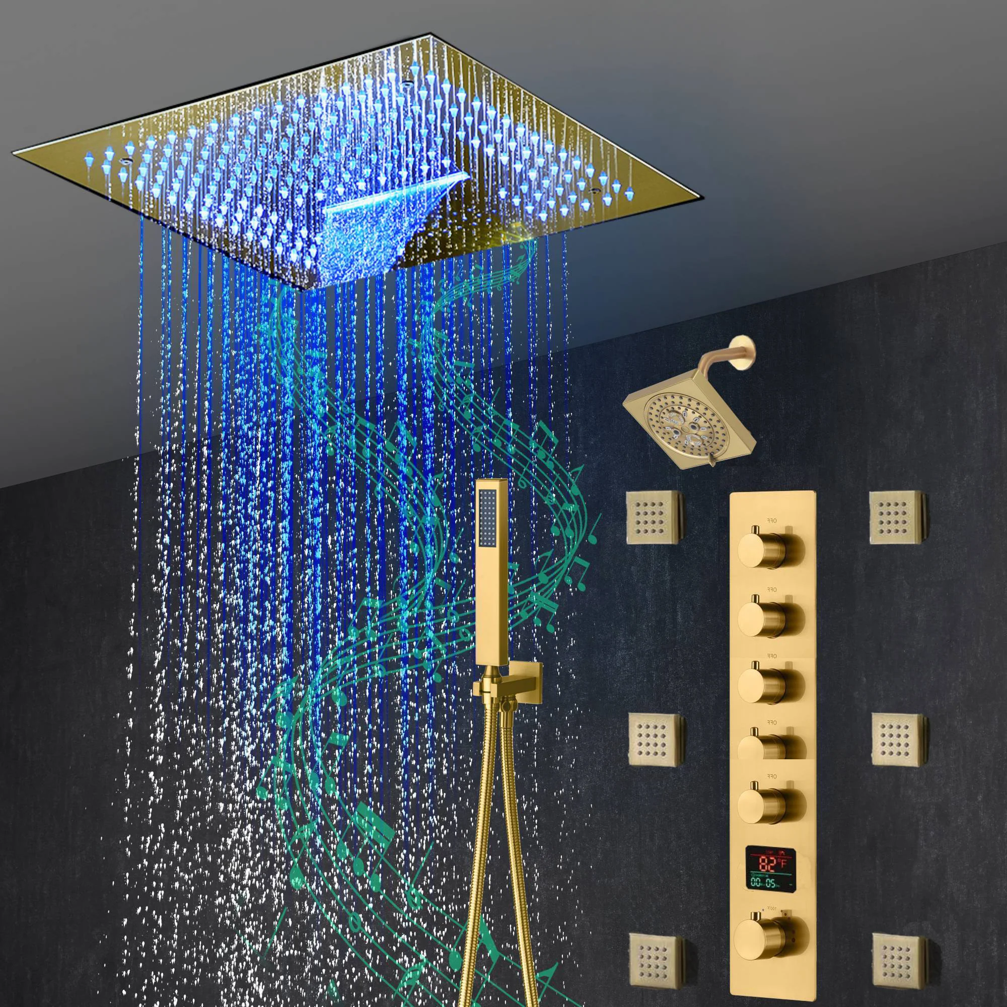 16-Inch Brushed Gold or brushed nickel or matte black Flush Mount rainfall waterfall Shower Faucet Set: 5-Way Thermostatic Control, 64-Color LED Lights, Bluetooth Music, and Regular Head, 6 Body jets - Image 29