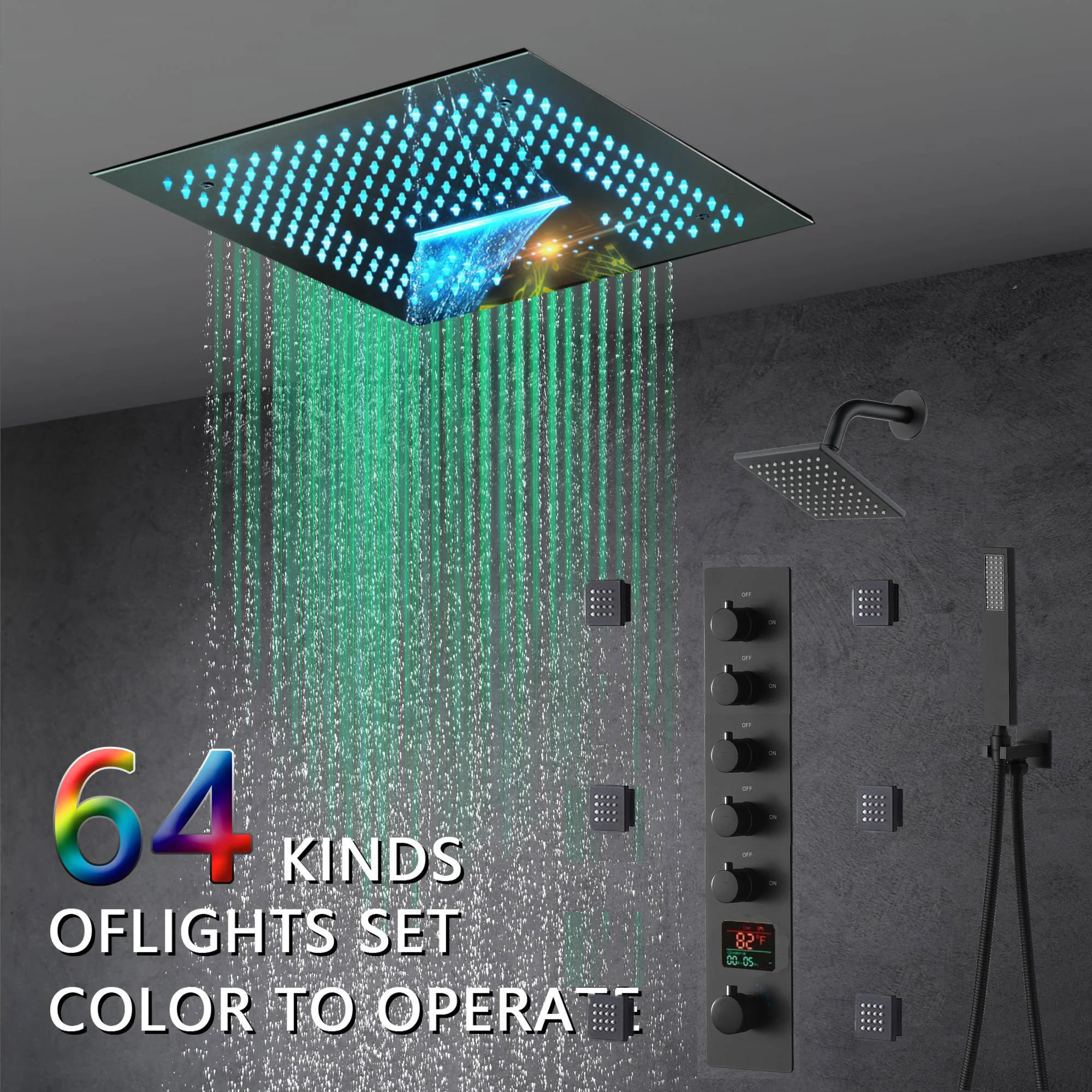 16-Inch Brushed Gold or brushed nickel or matte black Flush Mount rainfall waterfall Shower Faucet Set: 5-Way Thermostatic Control, 64-Color LED Lights, Bluetooth Music, and Regular Head, 6 Body jets - Image 3