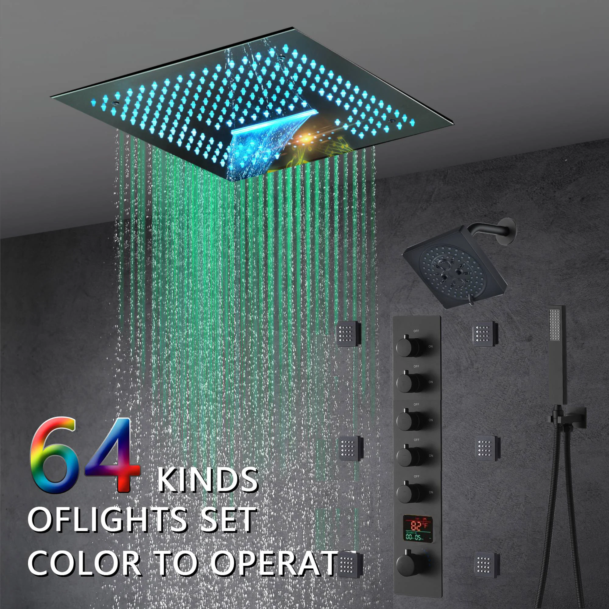 16-Inch Brushed Gold or brushed nickel or matte black Flush Mount rainfall waterfall Shower Faucet Set: 5-Way Thermostatic Control, 64-Color LED Lights, Bluetooth Music, and Regular Head, 6 Body jets - Image 4