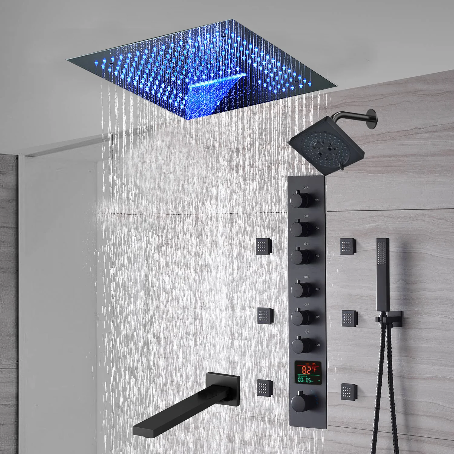 16-Inch Matte Black Flush Mount Rainfall Waterfall Shower System: Complete with 6-Way Thermostatic Valve and 6 Body Jets and  Regular Head and Tub Spout - Image 2