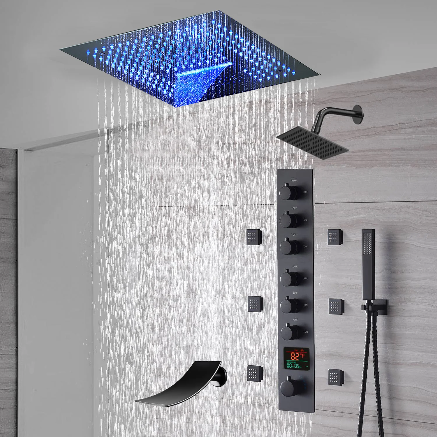 16-Inch Matte Black Flush Mount Rainfall Waterfall Shower System: Complete with 6-Way Thermostatic Valve and 6 Body Jets and  Regular Head and Tub Spout - Image 3