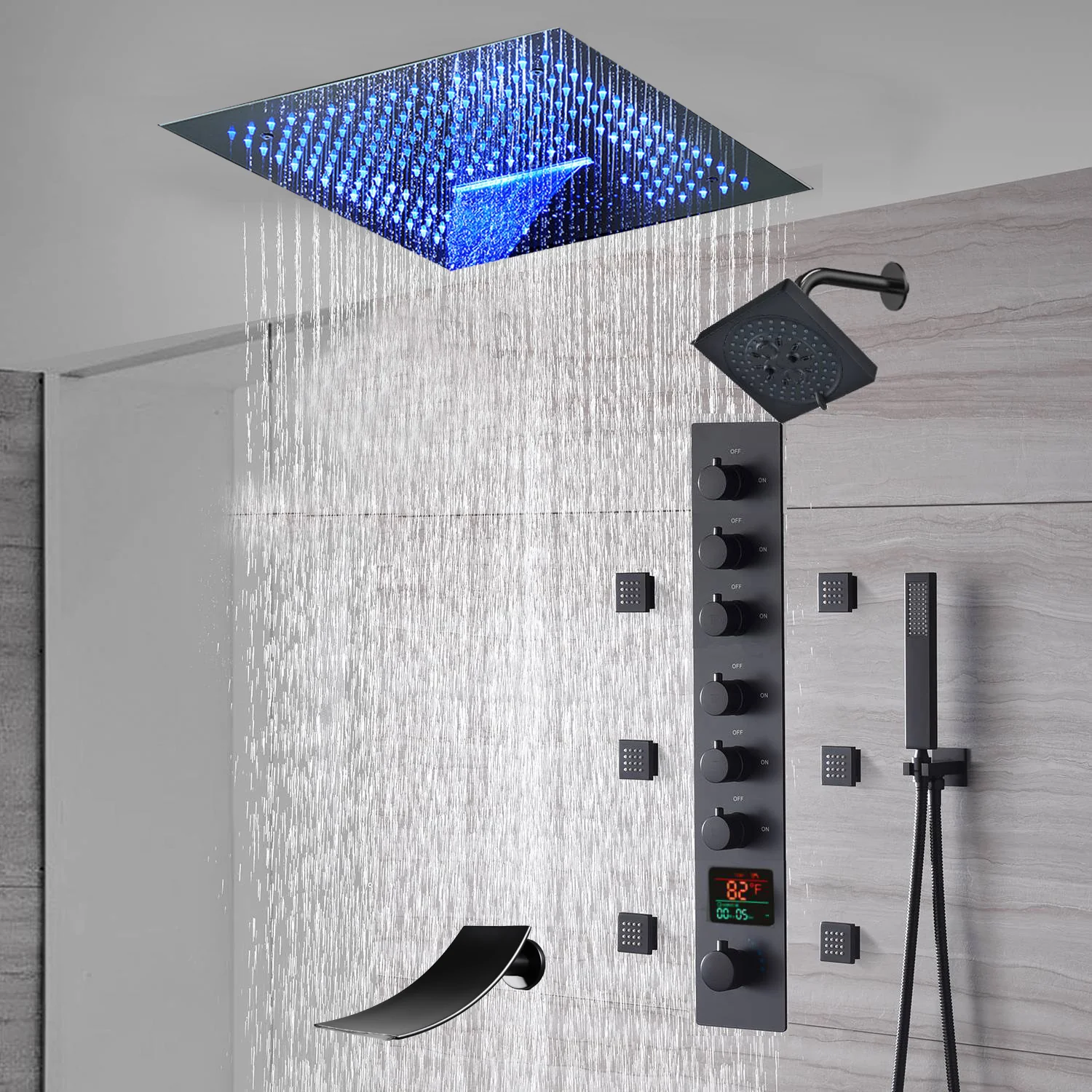 16-Inch Matte Black Flush Mount Rainfall Waterfall Shower System: Complete with 6-Way Thermostatic Valve and 6 Body Jets and  Regular Head and Tub Spout - Image 4