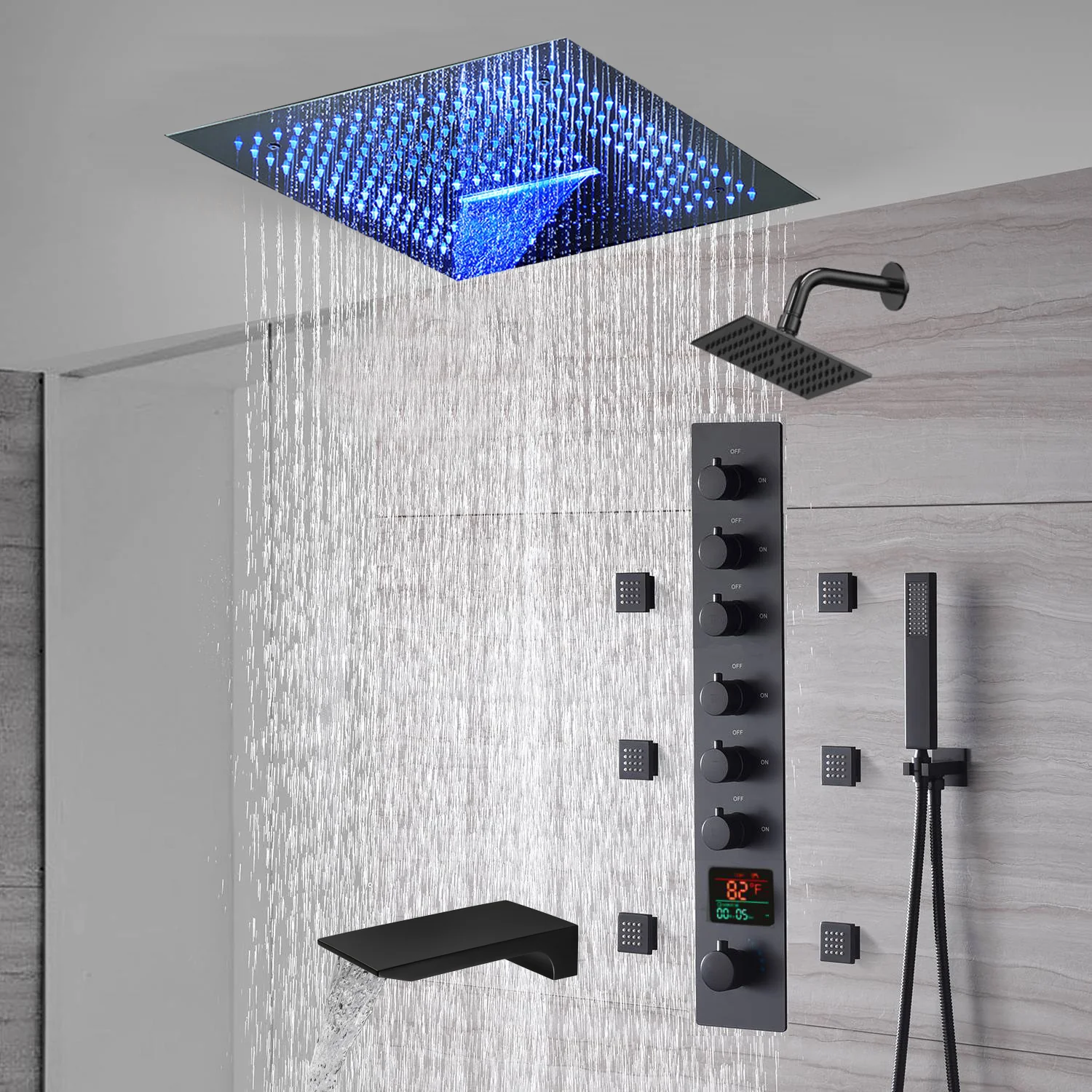 16-Inch Matte Black Flush Mount Rainfall Waterfall Shower System: Complete with 6-Way Thermostatic Valve and 6 Body Jets and  Regular Head and Tub Spout - Image 5