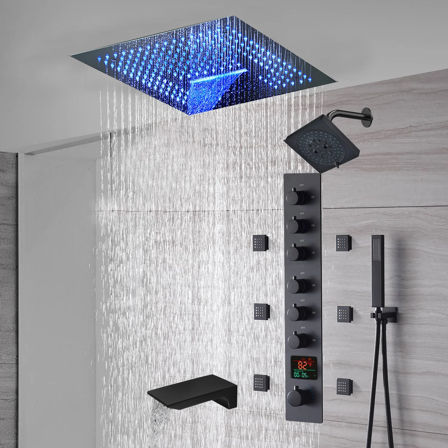 16-Inch Matte Black Flush Mount Rainfall Waterfall Shower System: Complete with 6-Way Thermostatic Valve and 6 Body Jets and  Regular Head and Tub Spout - Image 6
