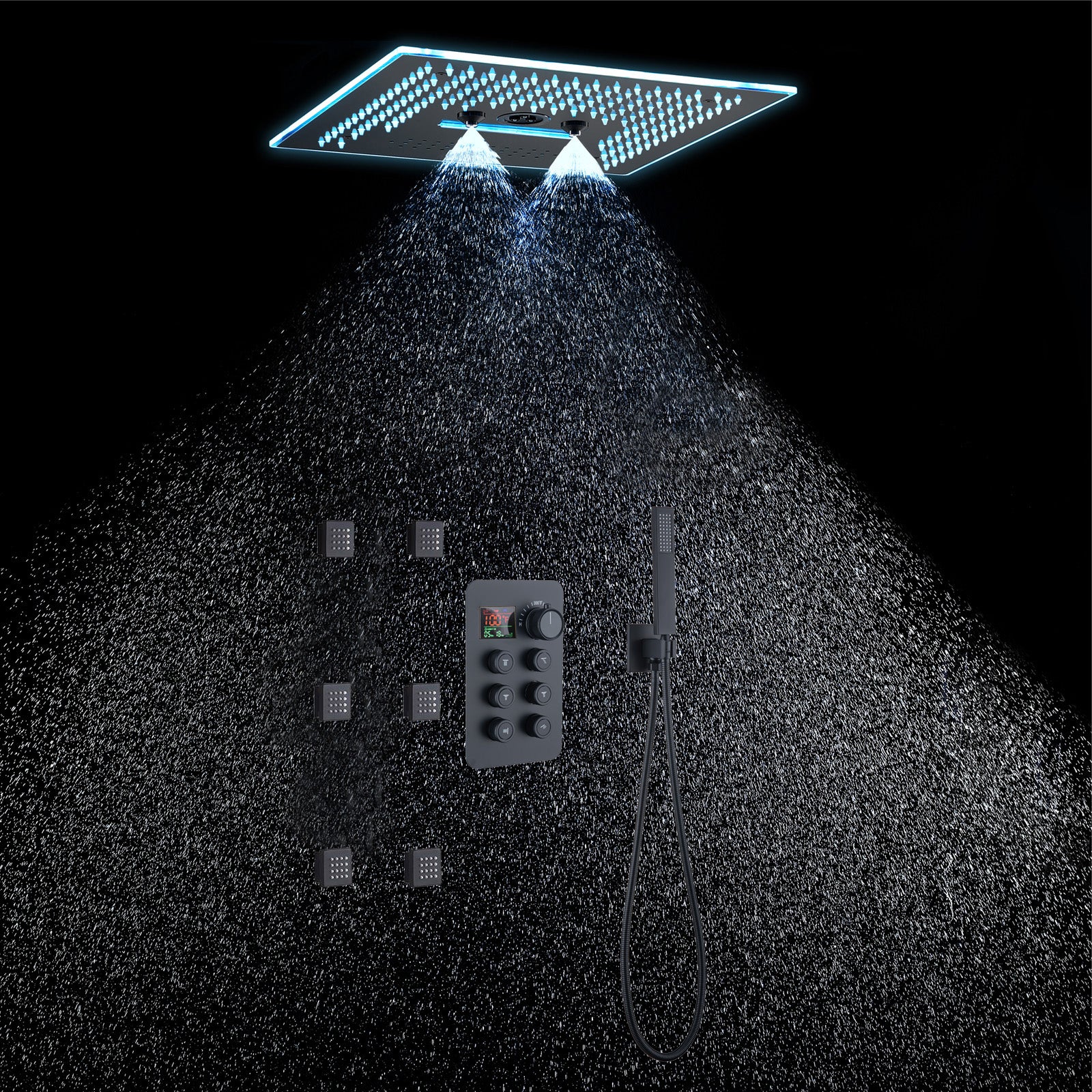 16-Inch Rainfall Waterfall Mist Water Column Flush Mount Shower Faucet Set with 6-Way Thermostatic Control, 64-Color LED, Bluetooth Music, Rainfall-Waterfall-Mist Features, Rotating Hydro Jet, and Body Jets - Image 3