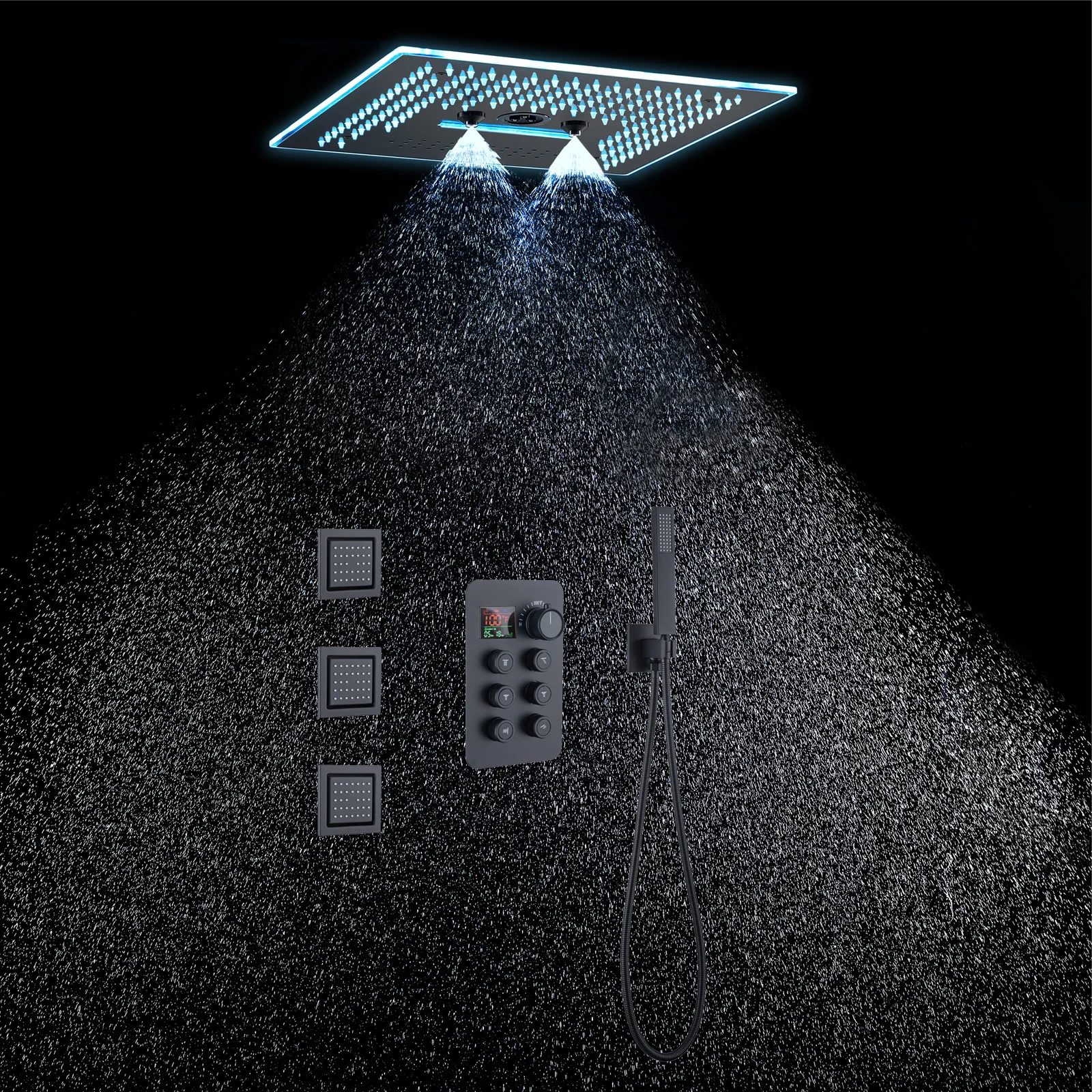 16-Inch Rainfall Waterfall Mist Water Column Flush Mount Shower Faucet Set with 6-Way Thermostatic Control, 64-Color LED, Bluetooth Music, Rainfall-Waterfall-Mist Features, Rotating Hydro Jet, and Body Jets - Image 4
